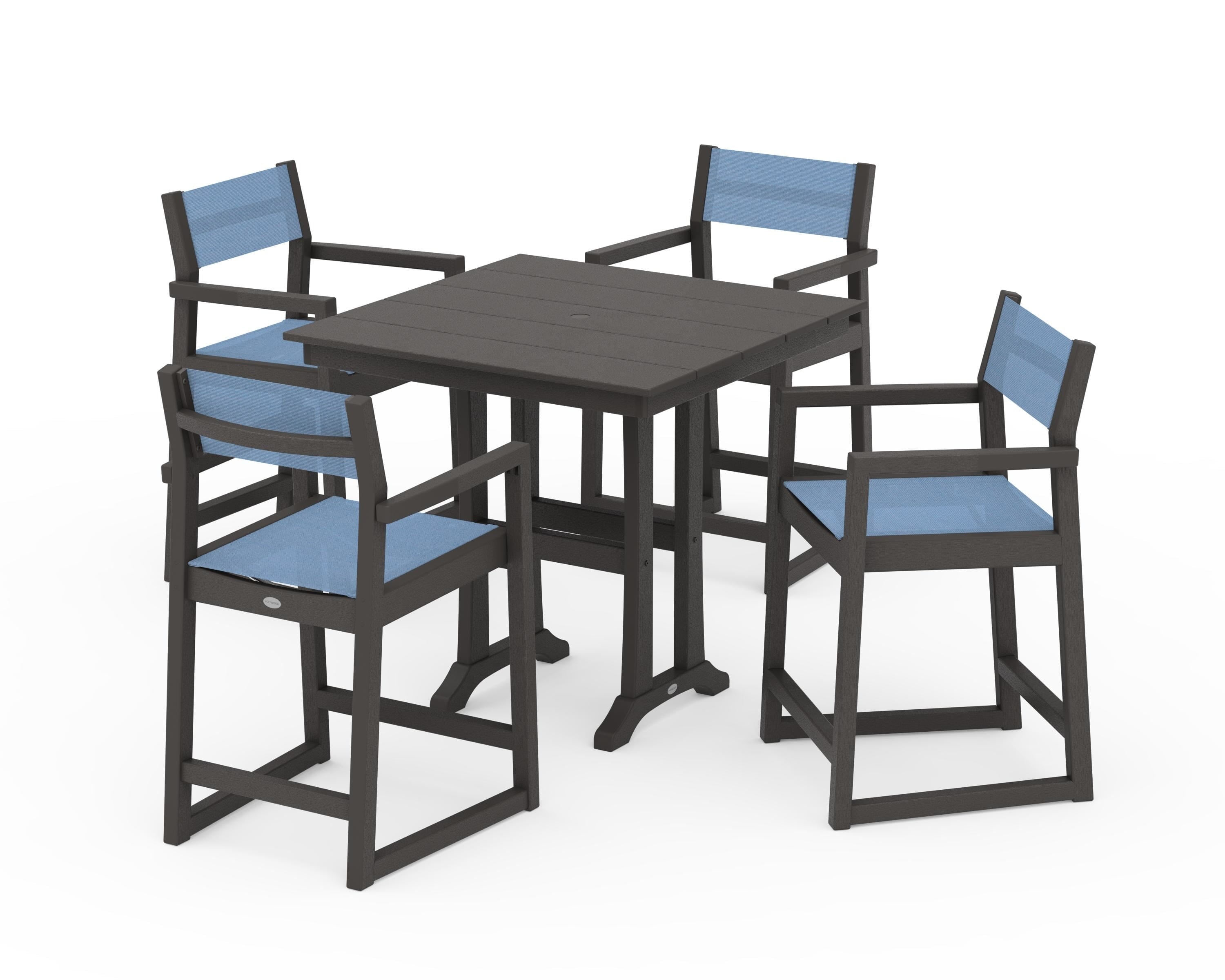 POLYWOOD EDGE Sling Arm Chair 5-Piece Farmhouse Counter Set with Trestle Legs in Vintage Coffee / Poolside Sling