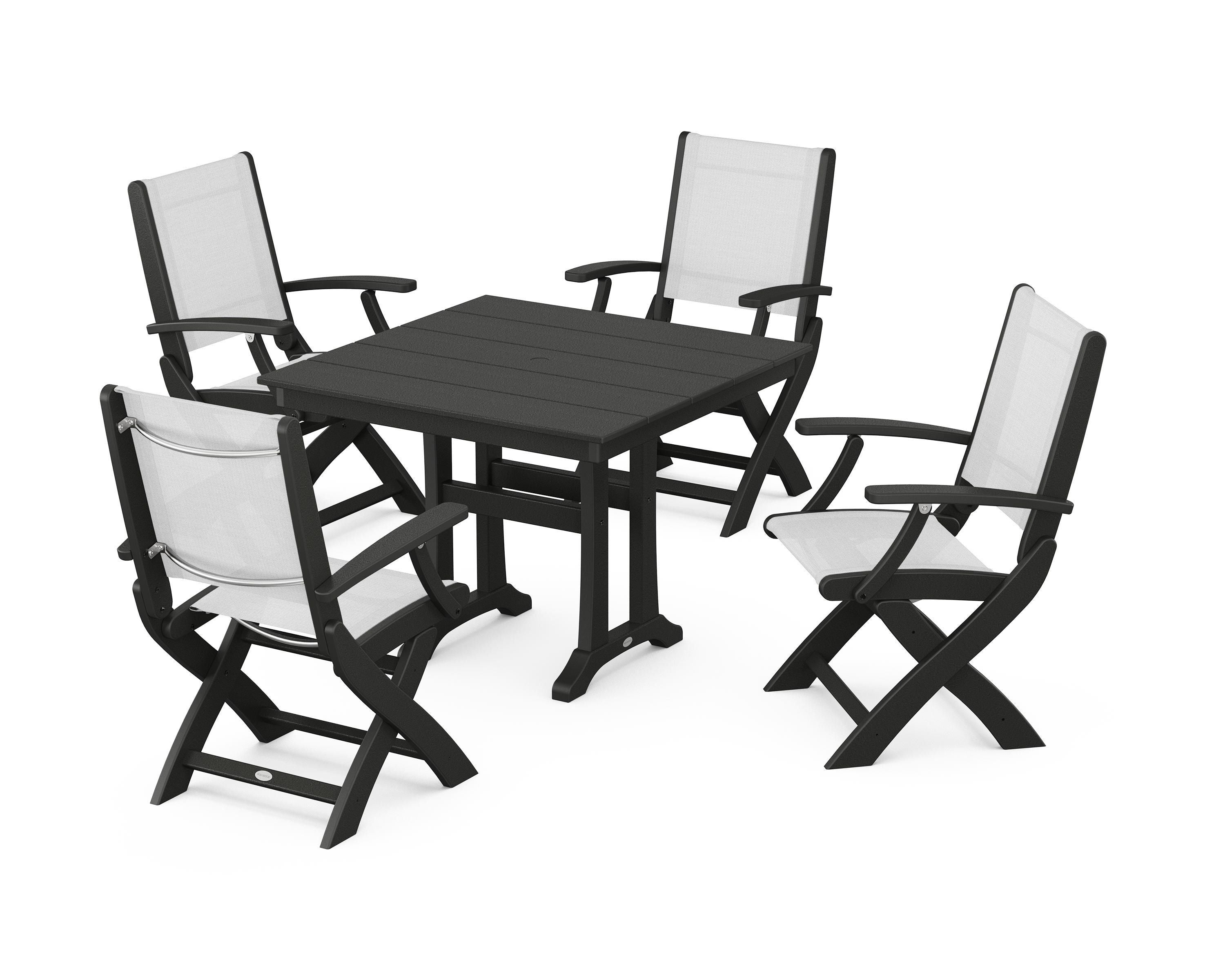 POLYWOOD Coastal Folding Chair 5-Piece Farmhouse Dining Set With Trestle Legs in Black / White Sling