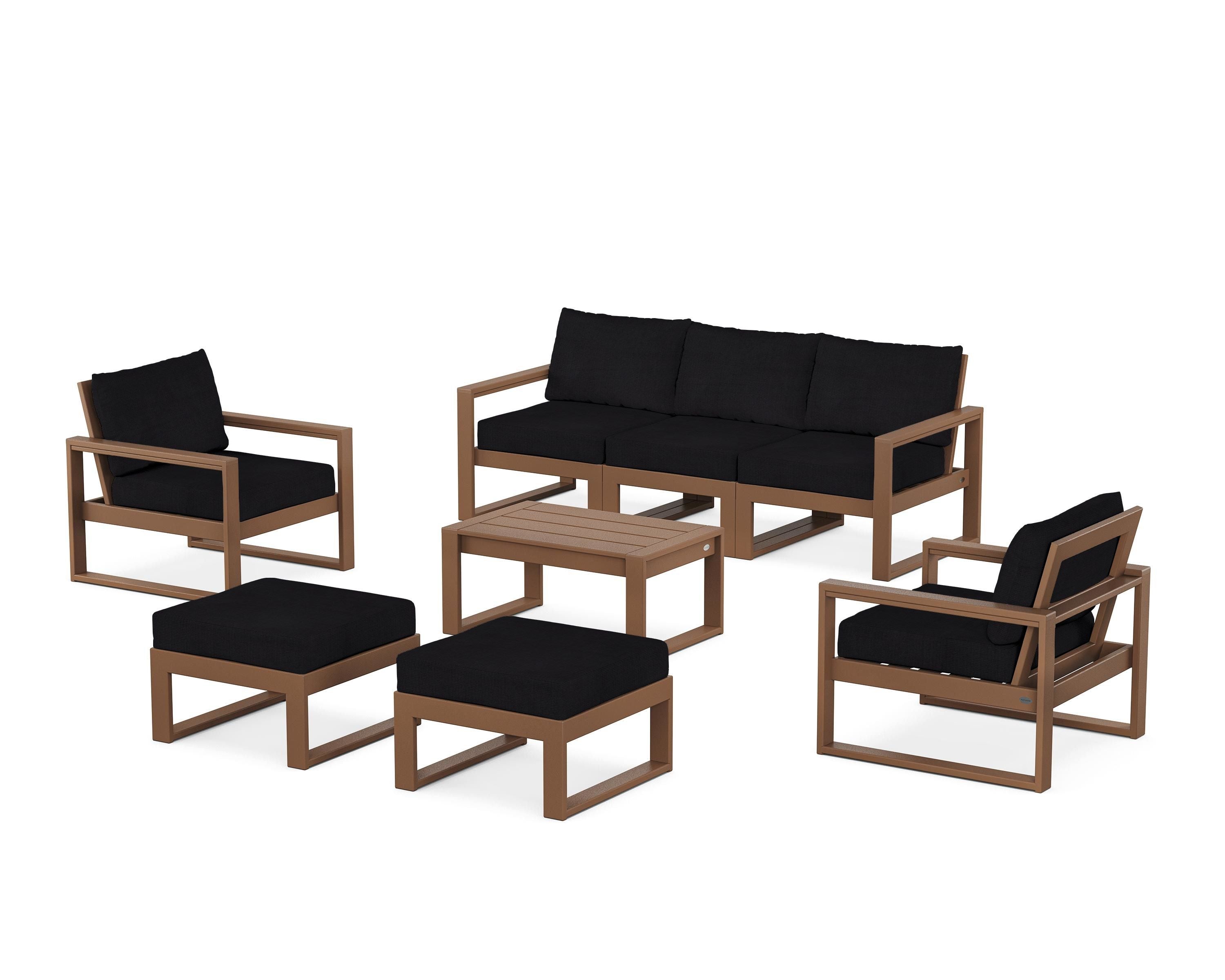 POLYWOOD EDGE Sectional 8-Piece Lounge Sofa Set in Teak / Midnight Linen