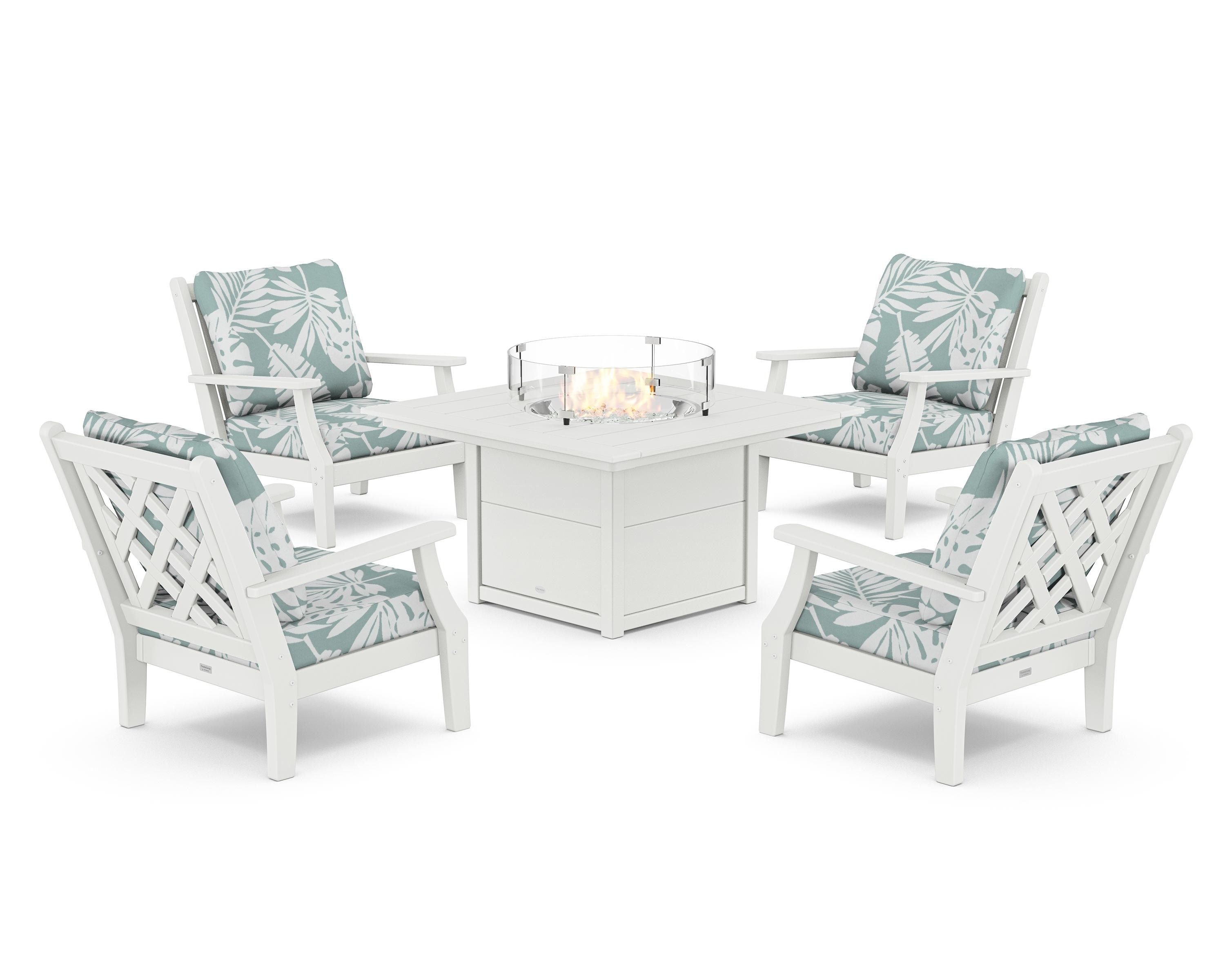 Country Living Wovendale 5-Piece Deep Seating Set with Fire Pit Table in White / Leaf Glacier Spa