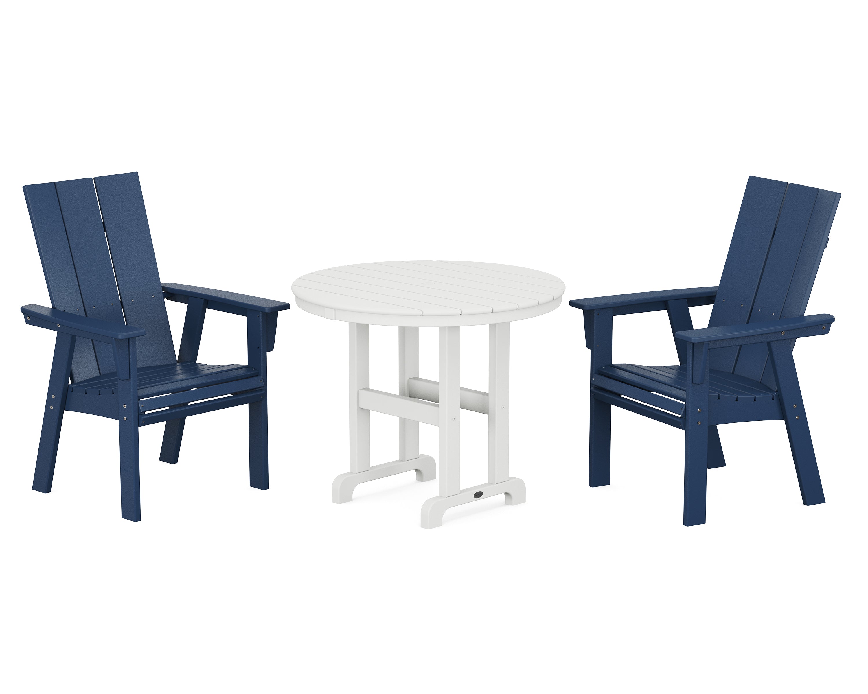 POLYWOOD® Modern Adirondack 3-Piece Round Dining Set in Navy / White