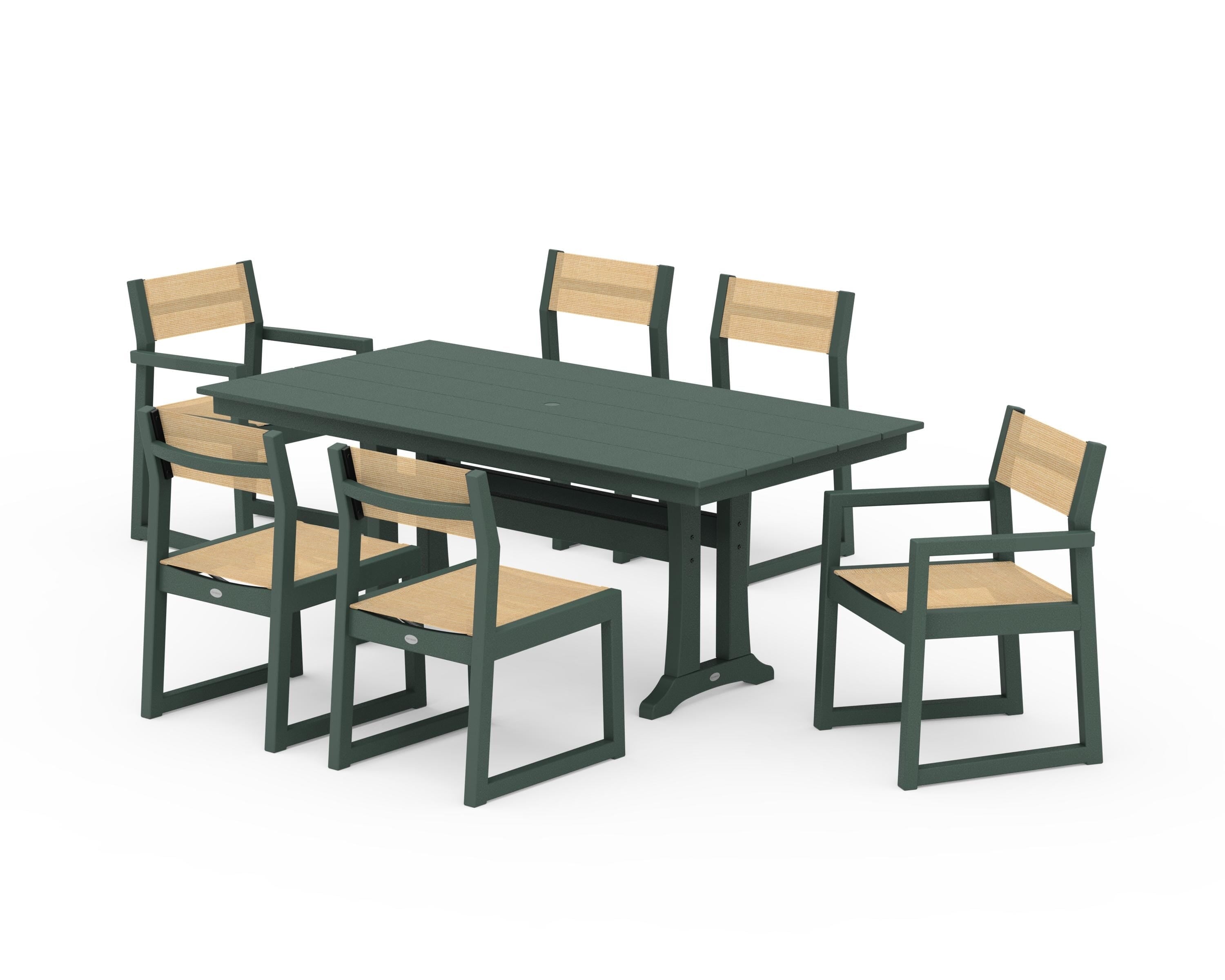 POLYWOOD EDGE Sling 7-Piece Farmhouse Trestle Dining Set in Green / Dupioni Apricot Sling