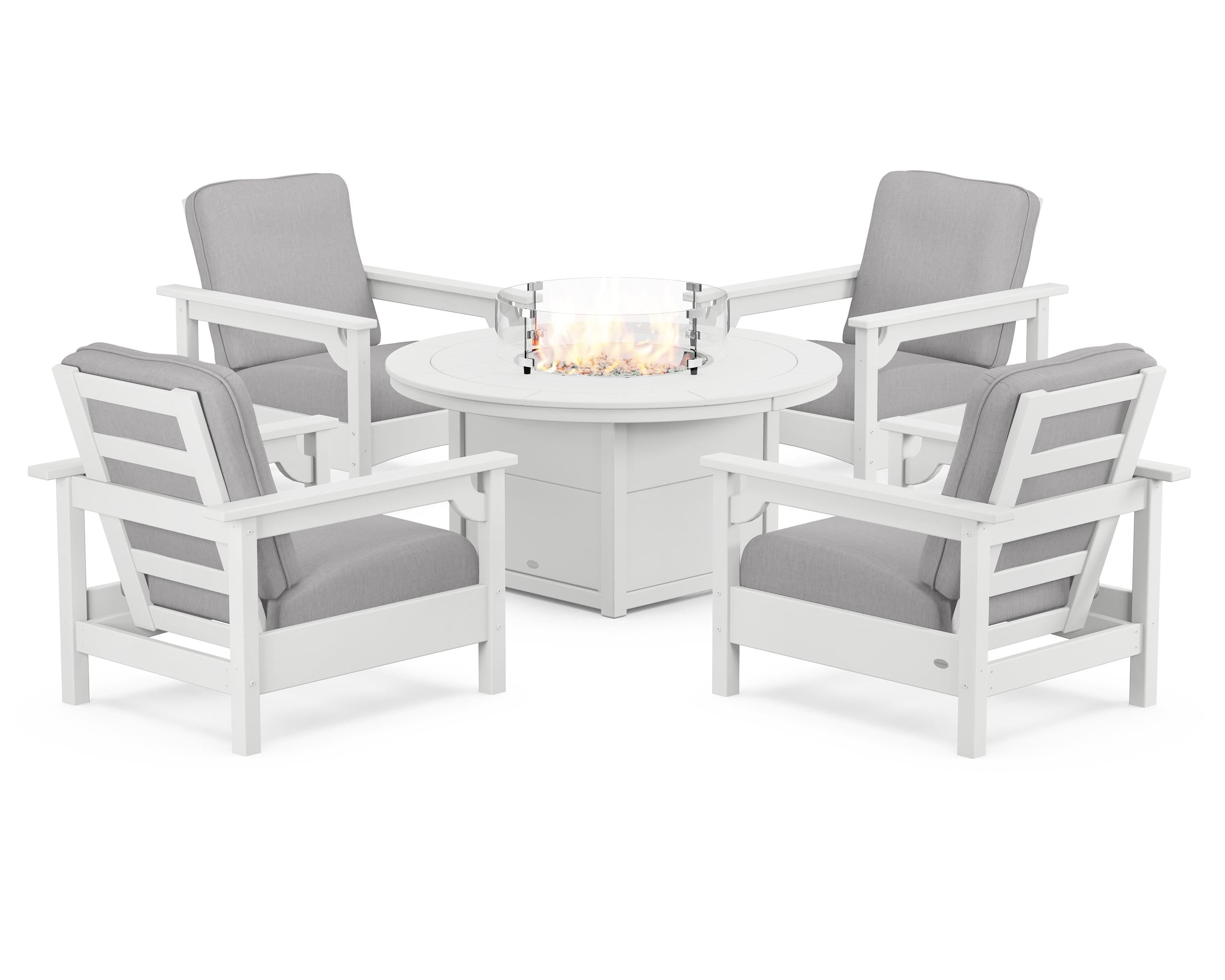 POLYWOOD Club 5-Piece Conversation Set with Fire Pit Table in White / Granite