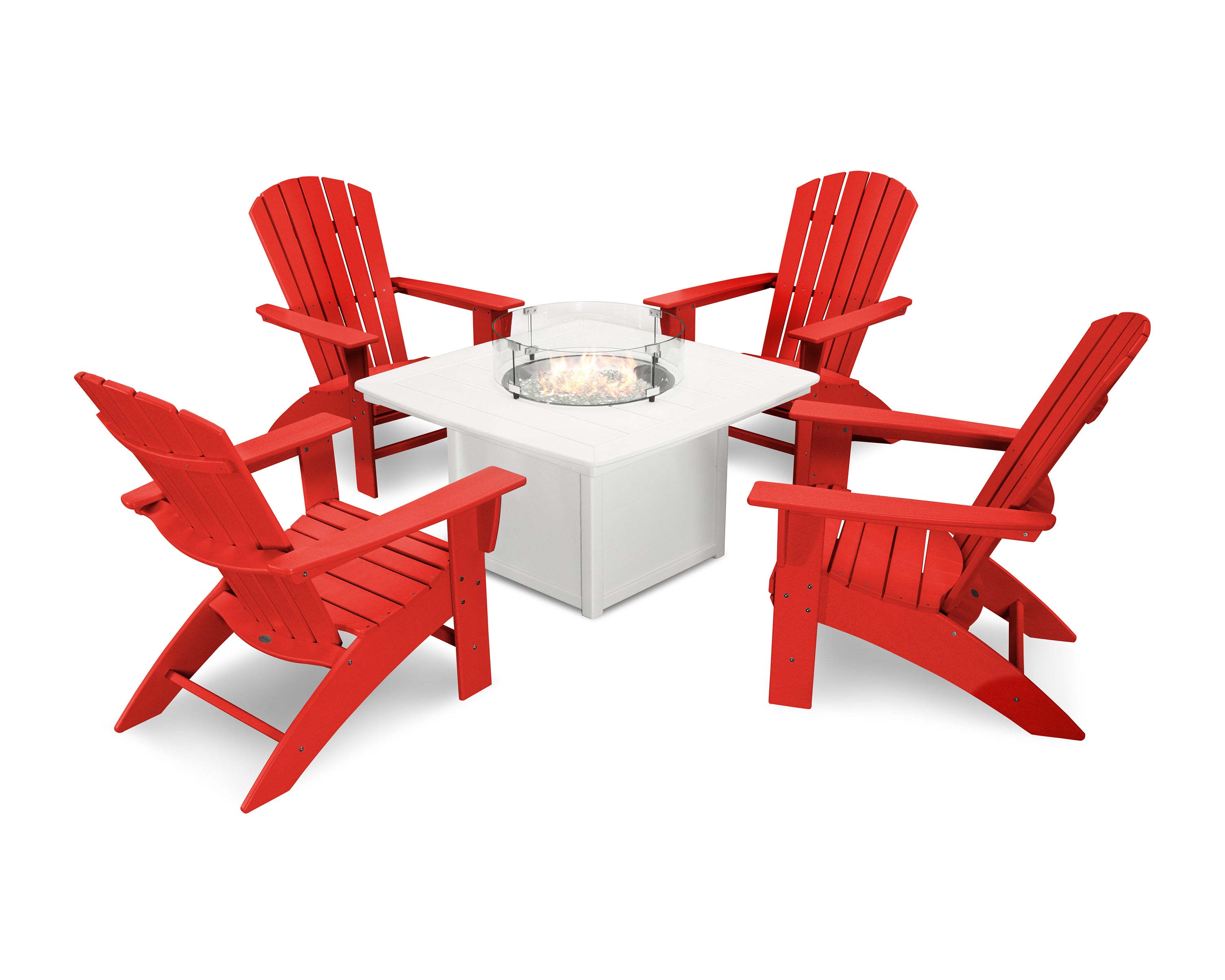 POLYWOOD Nautical Curveback Adirondack 5-Piece Conversation Set with Fire Pit Table in Sunset Red / White