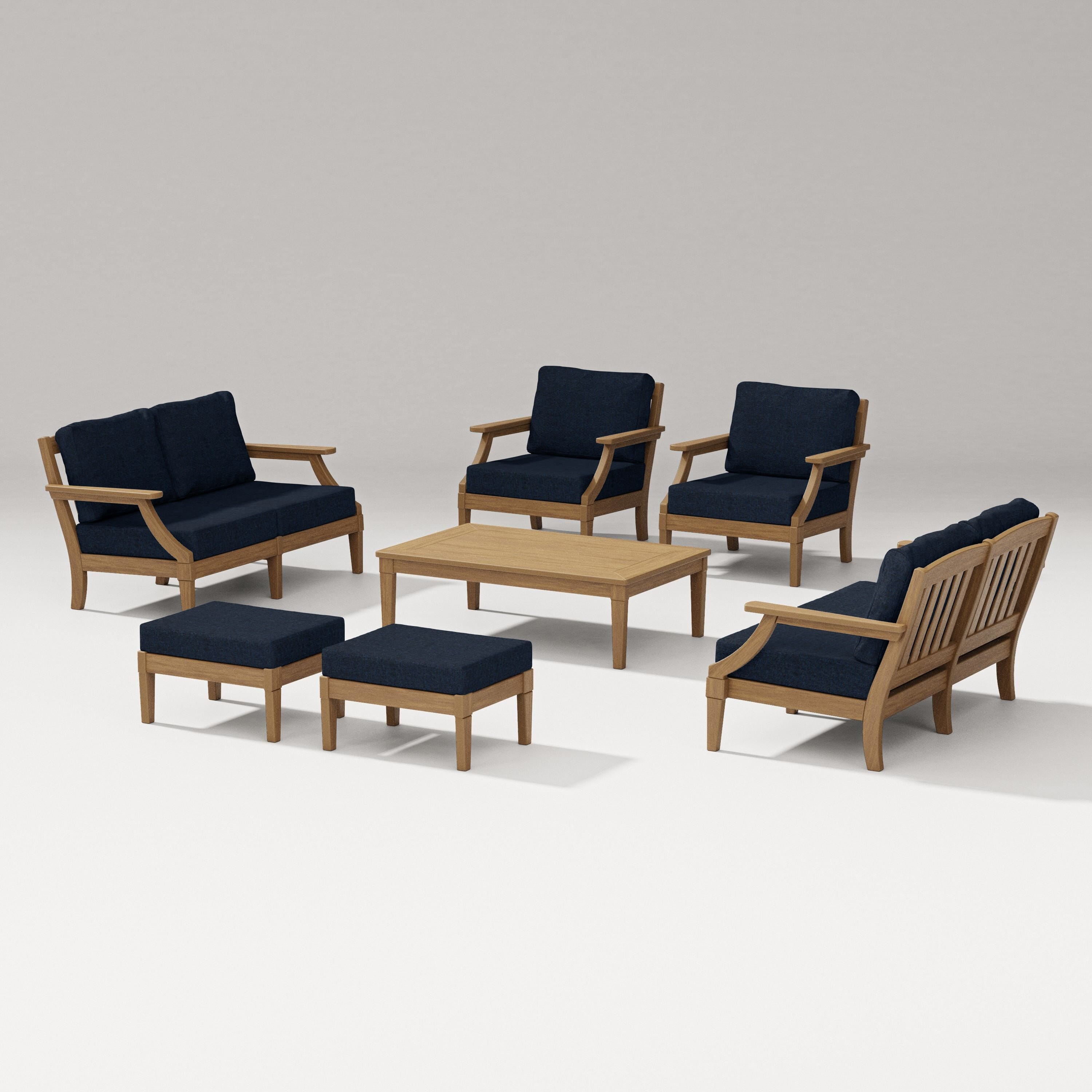 PW Designer Series Estate 7-Piece Lounge Loveseat Set in Natural / Marine Indigo