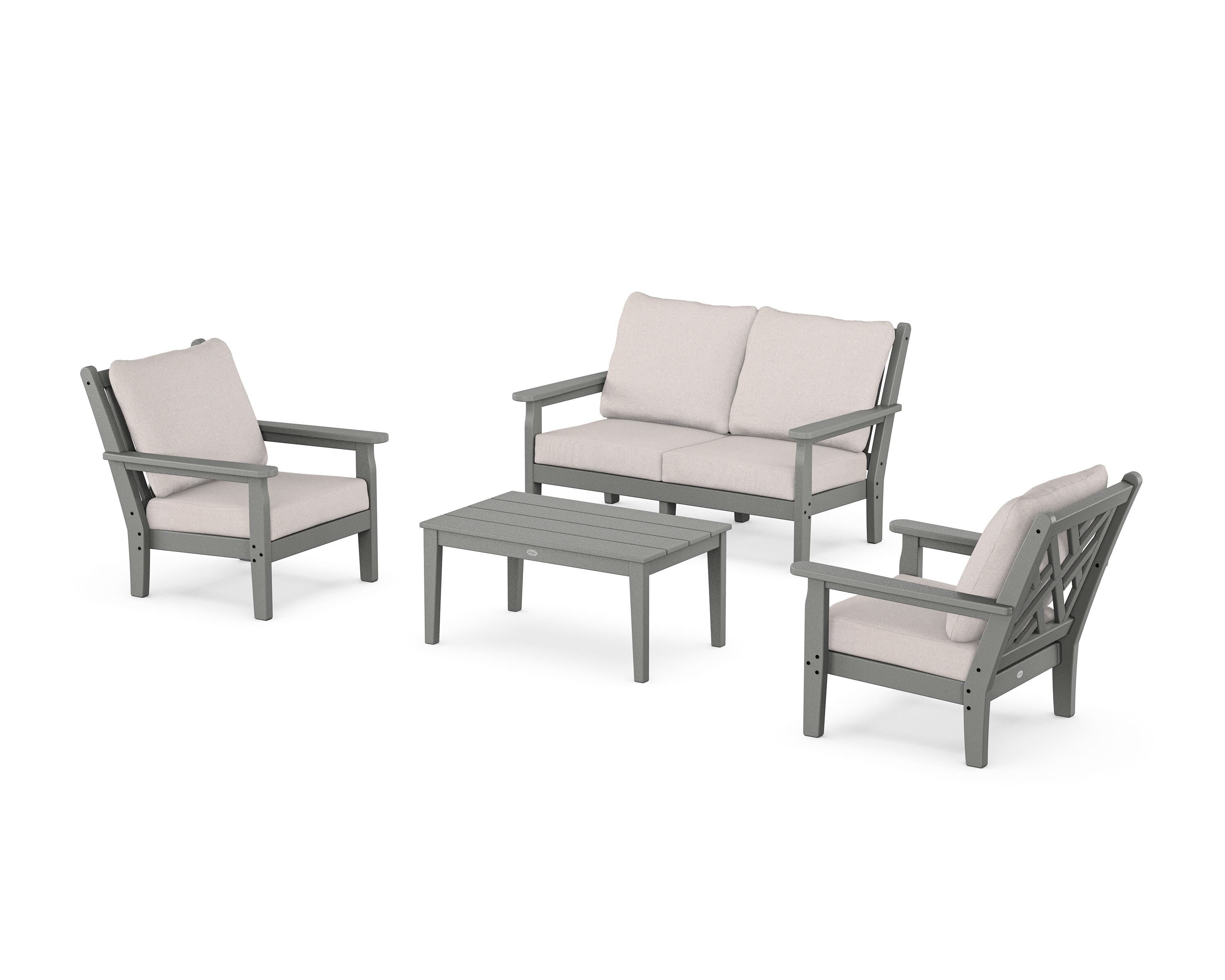 POLYWOOD Chippendale 4-Piece Deep Seating Set with Loveseat in Slate Grey / Dune Burlap