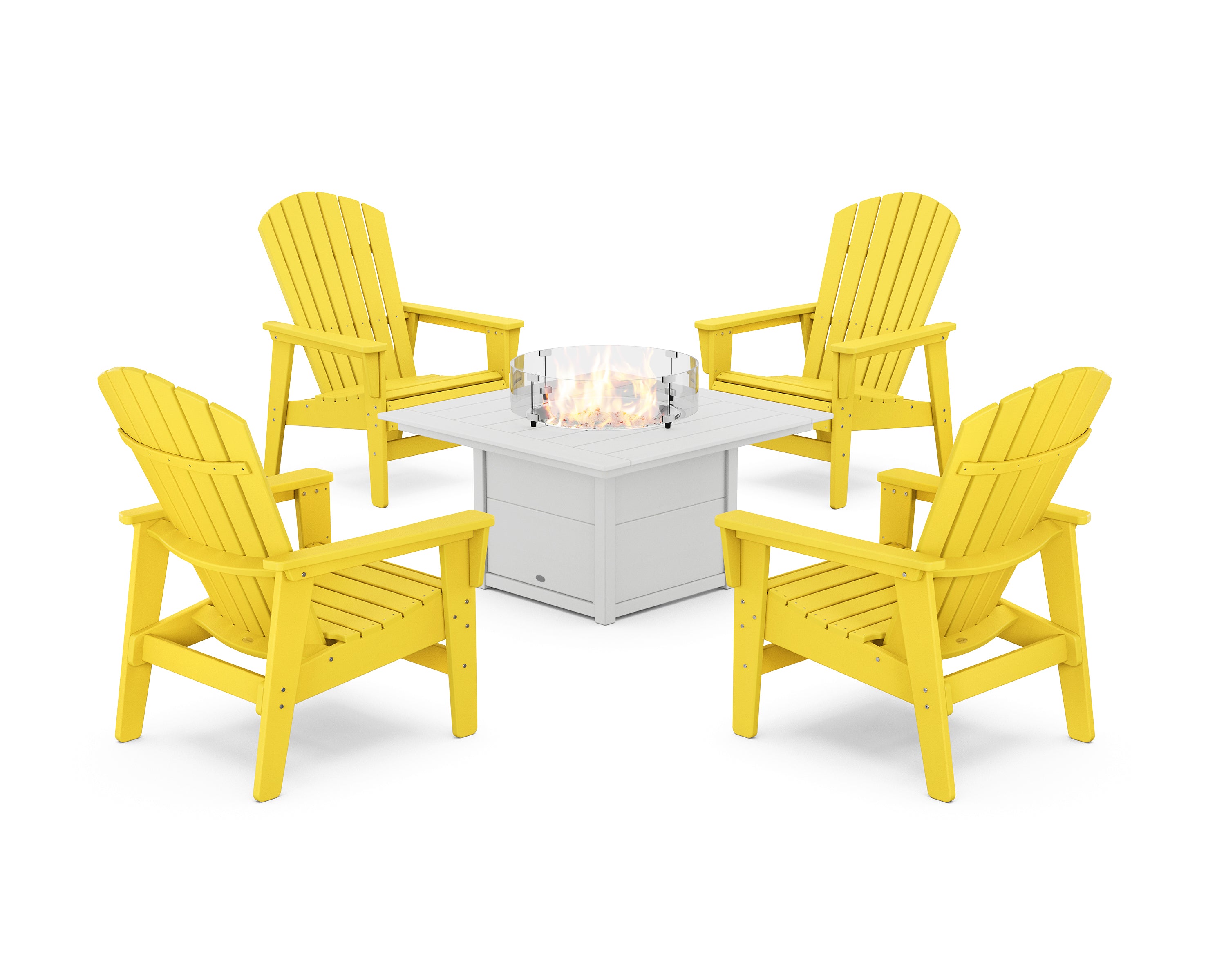 POLYWOOD 5-Piece Nautical Grand Upright Adirondack Conversation Set with Fire Pit Table in Lemon / White