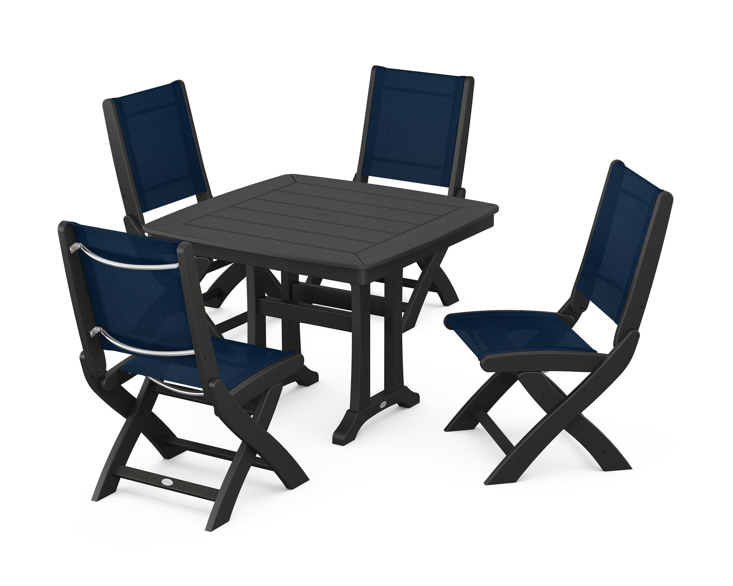 POLYWOOD Coastal Folding Side Chair 5-Piece Dining Set with Trestle Legs in Black / Navy Blue Sling
