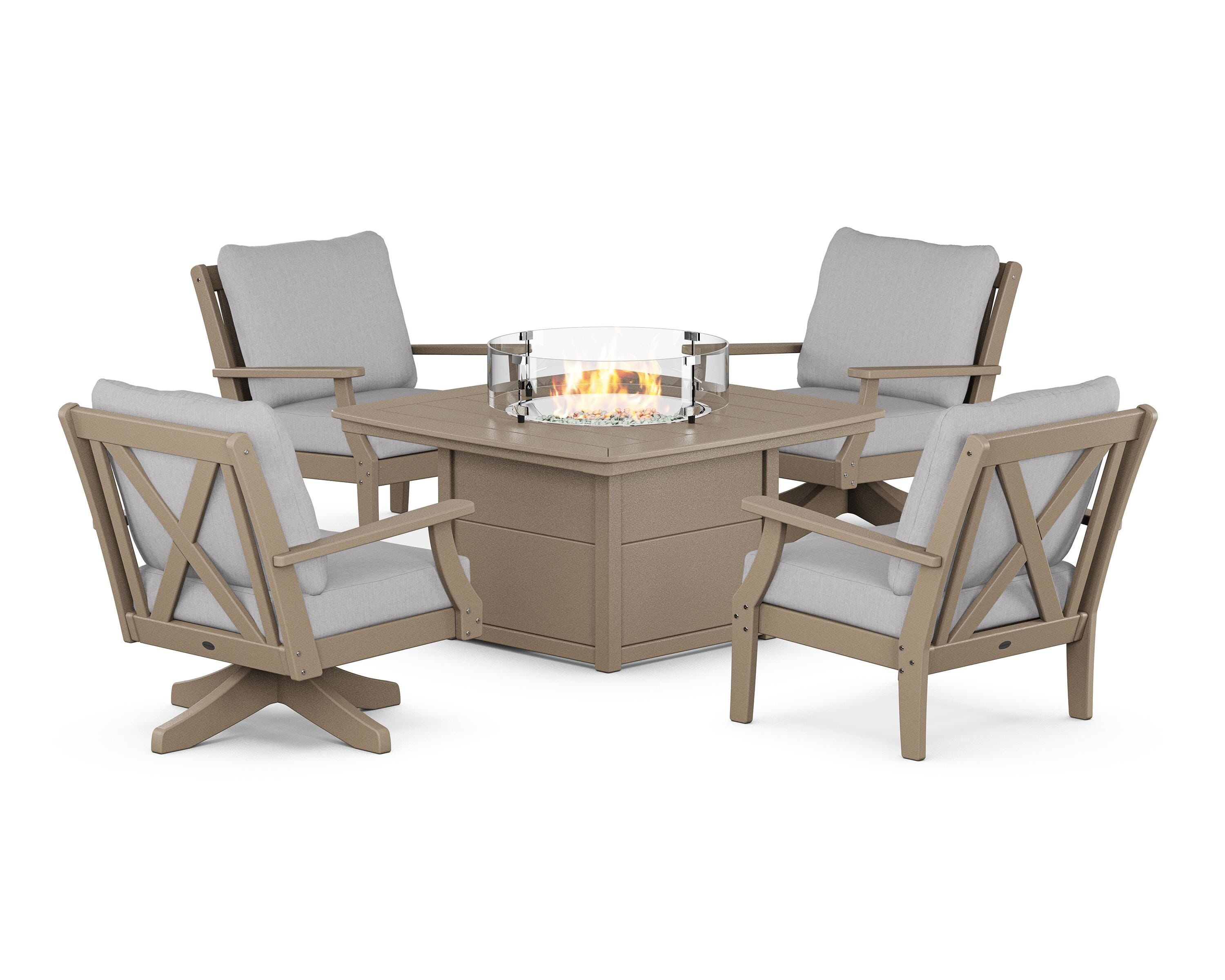 POLYWOOD Braxton 5-Piece Deep Seating Set with Fire Table in Sand / Granite