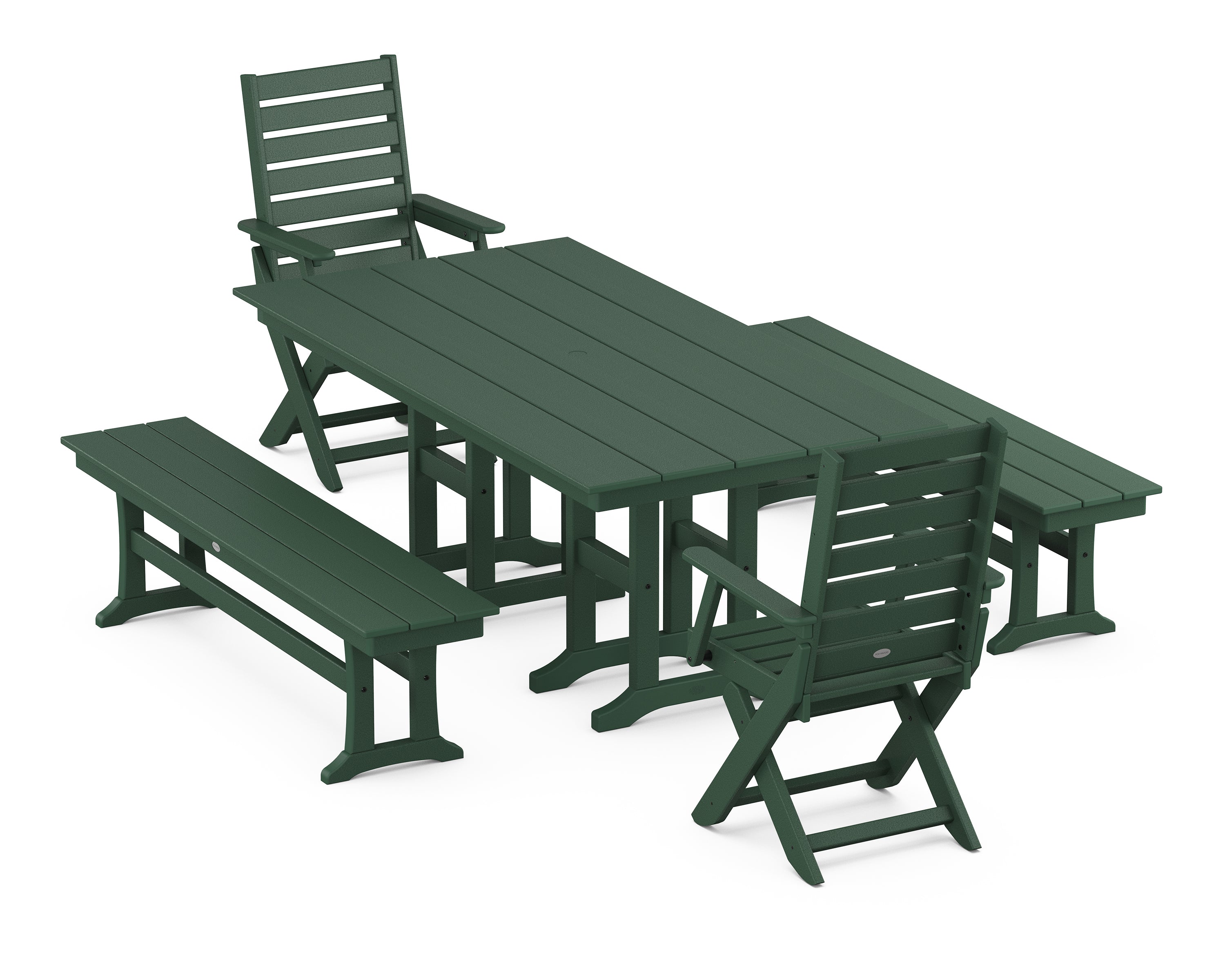 POLYWOOD Captain Folding Chair 5-Piece Farmhouse Dining Set with Benches in Green