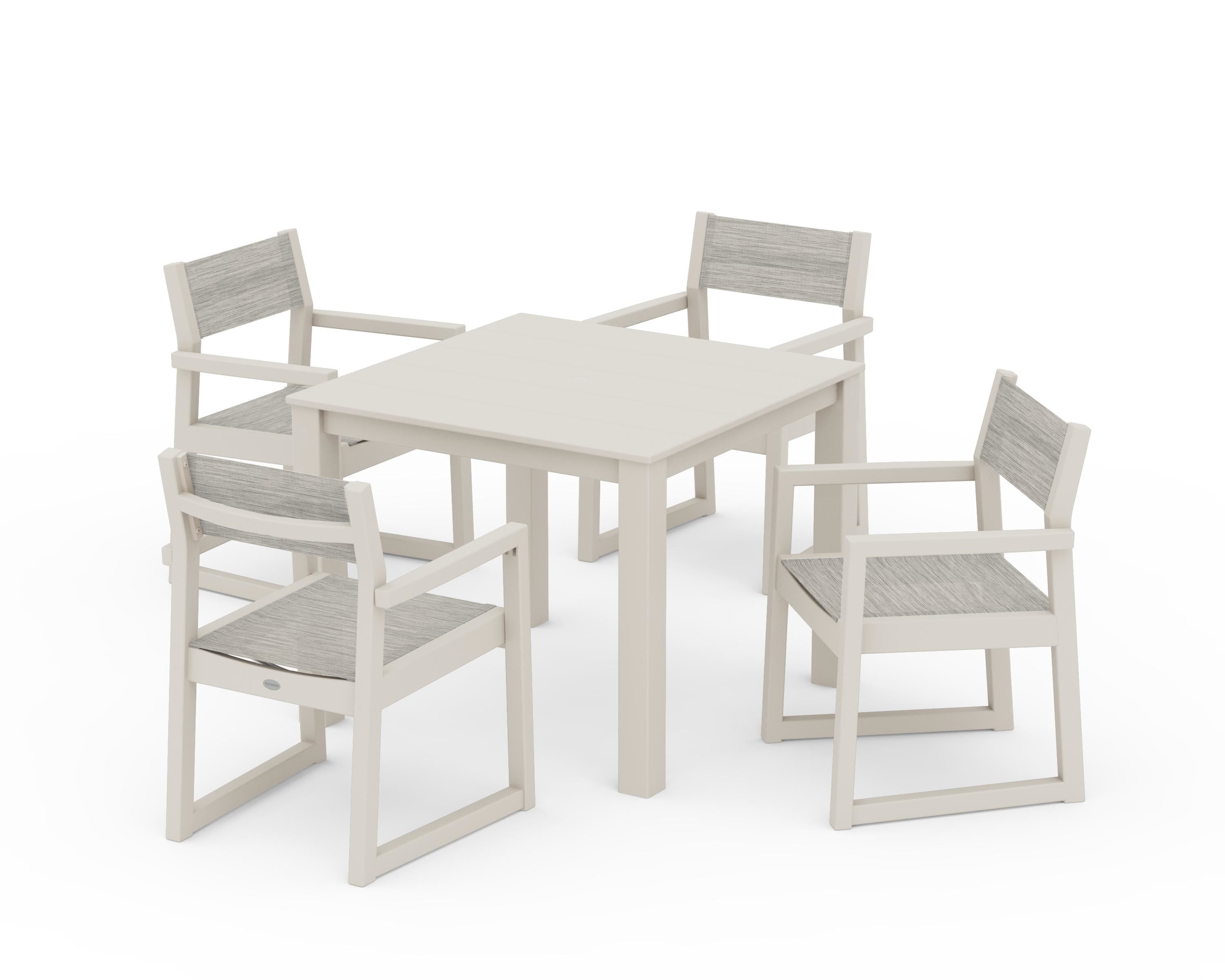 POLYWOOD EDGE Sling Arm Chair 5-Piece Parsons Dining Set in Sand / Birch Sling