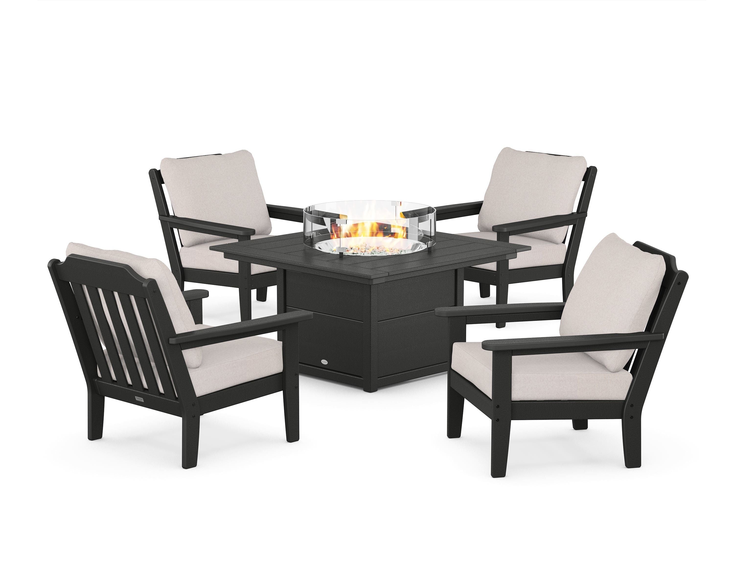 Country Living Cottage 5-Piece Deep Seating Set with Fire Pit Table in Black / Dune Burlap