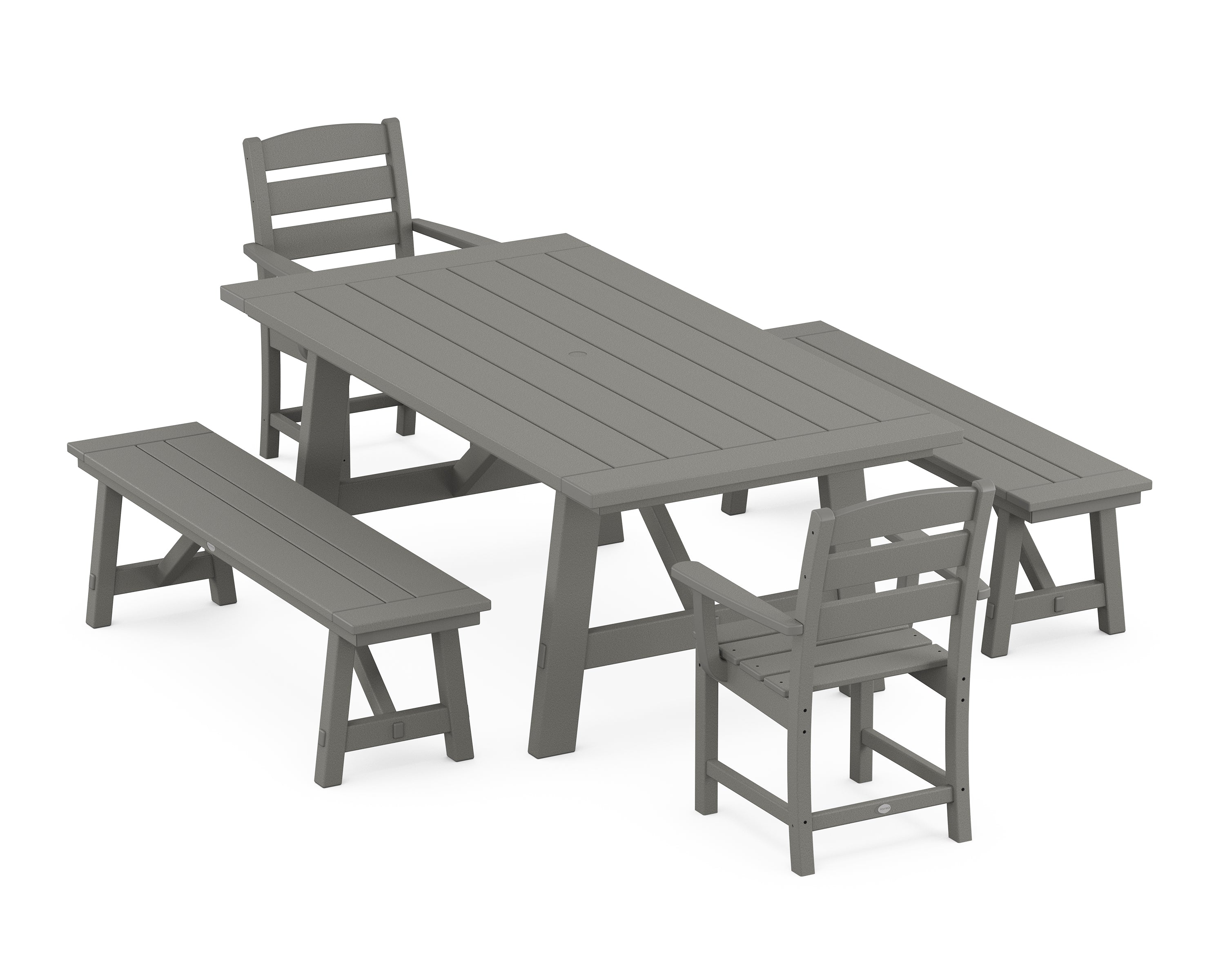 POLYWOOD® Lakeside 5-Piece Rustic Farmhouse Dining Set With Benches in Slate Grey