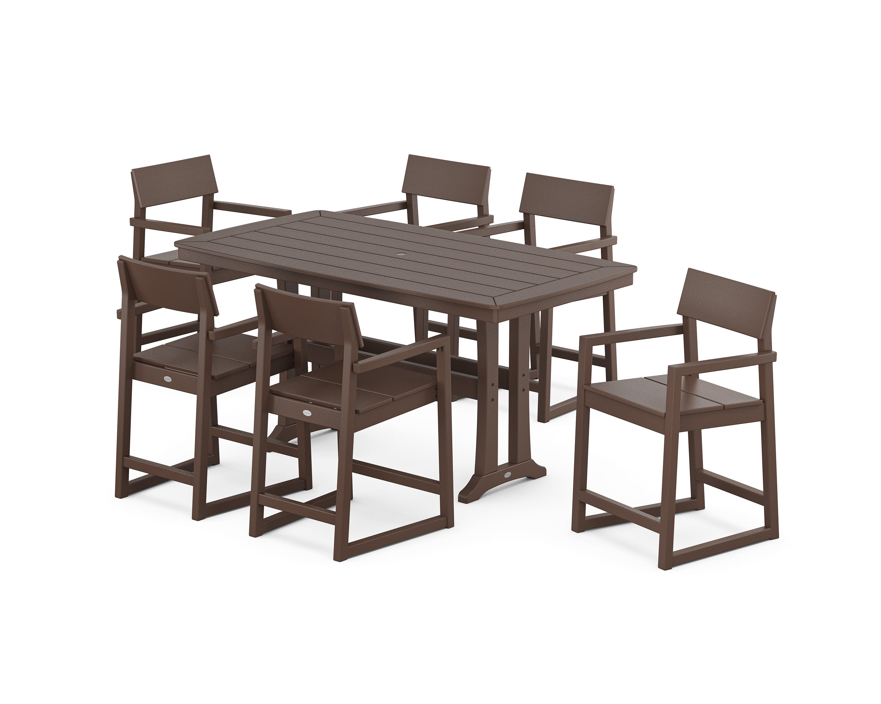 POLYWOOD EDGE Arm Chair 7-Piece Counter Set with Trestle Legs in Mahogany