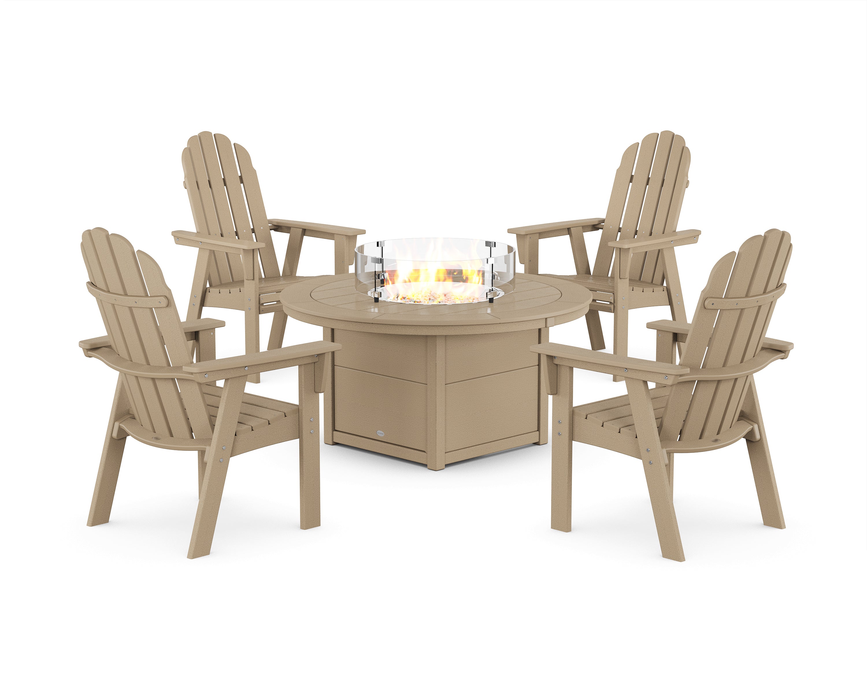 POLYWOOD Vineyard 4-Piece Curveback Upright Adirondack Conversation Set with Fire Pit Table in Vintage Sahara