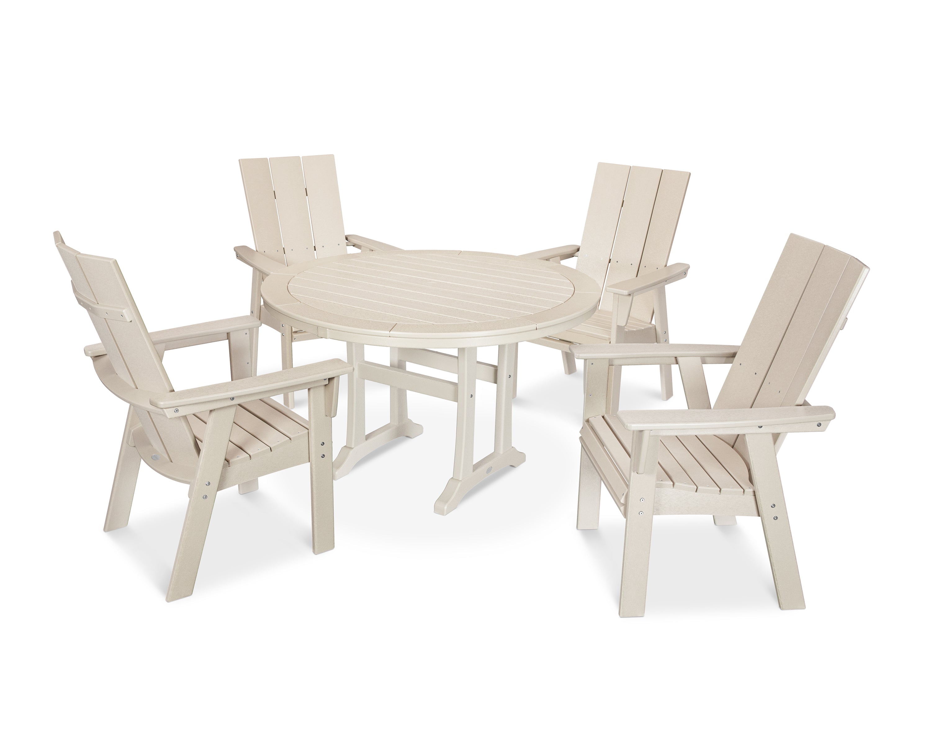 POLYWOOD® Modern Curveback Adirondack 5-Piece Nautical Trestle Dining Set in Sand
