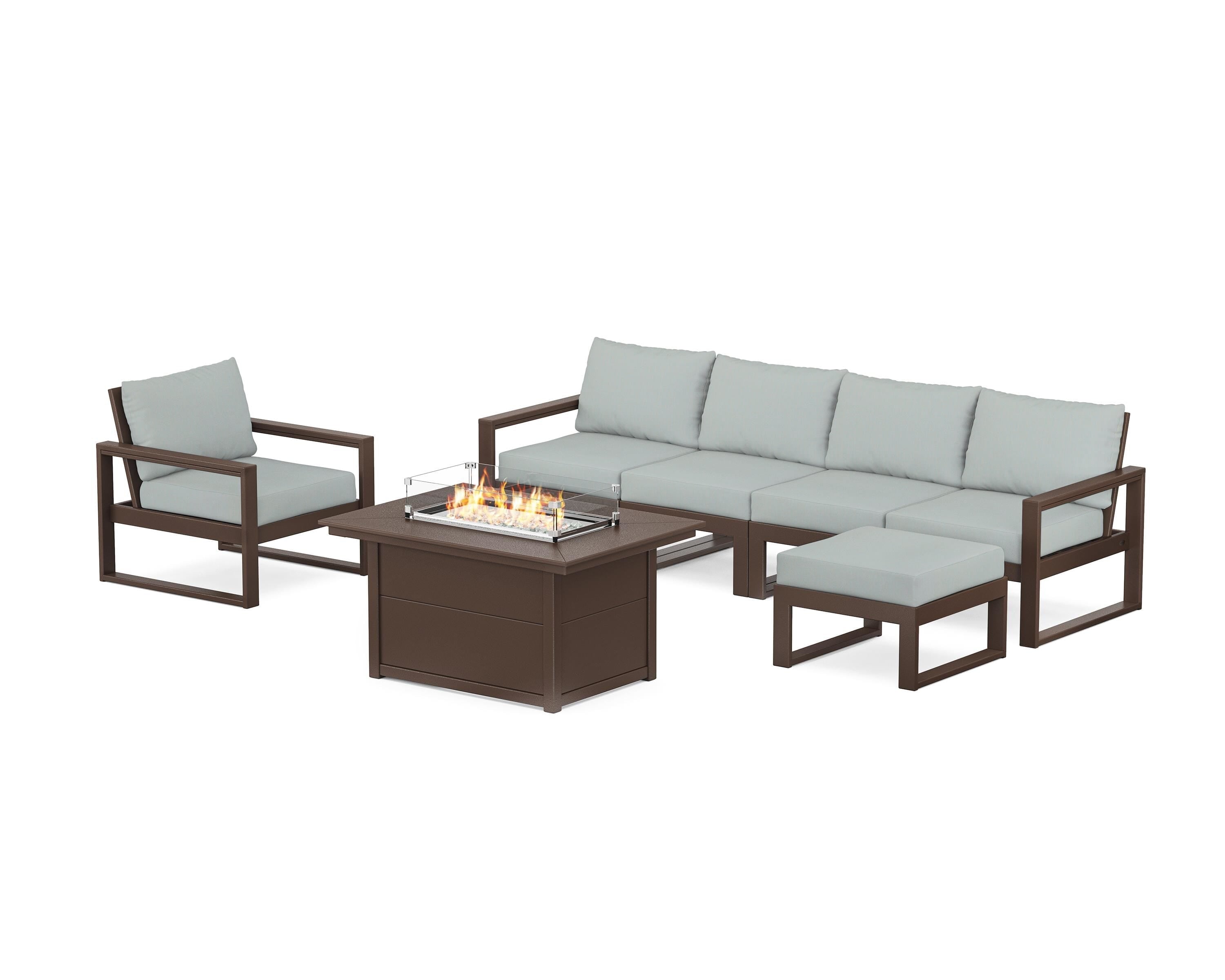 POLYWOOD EDGE Sectional Lounge and Fire Pit Set in Mahogany / Spa