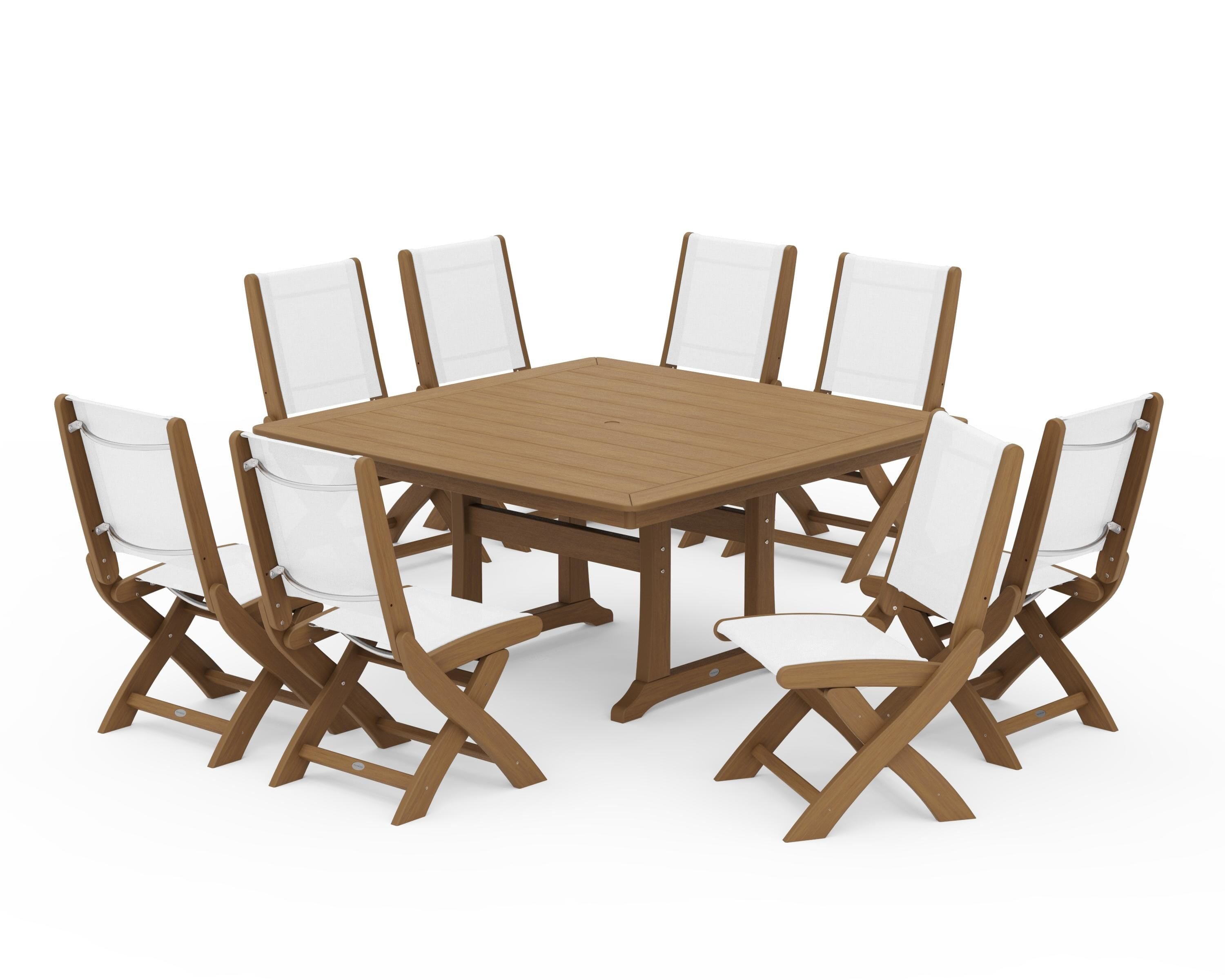 POLYWOOD Coastal Folding Side Chair 9-Piece Dining Set with Trestle Legs in Natural / White Sling