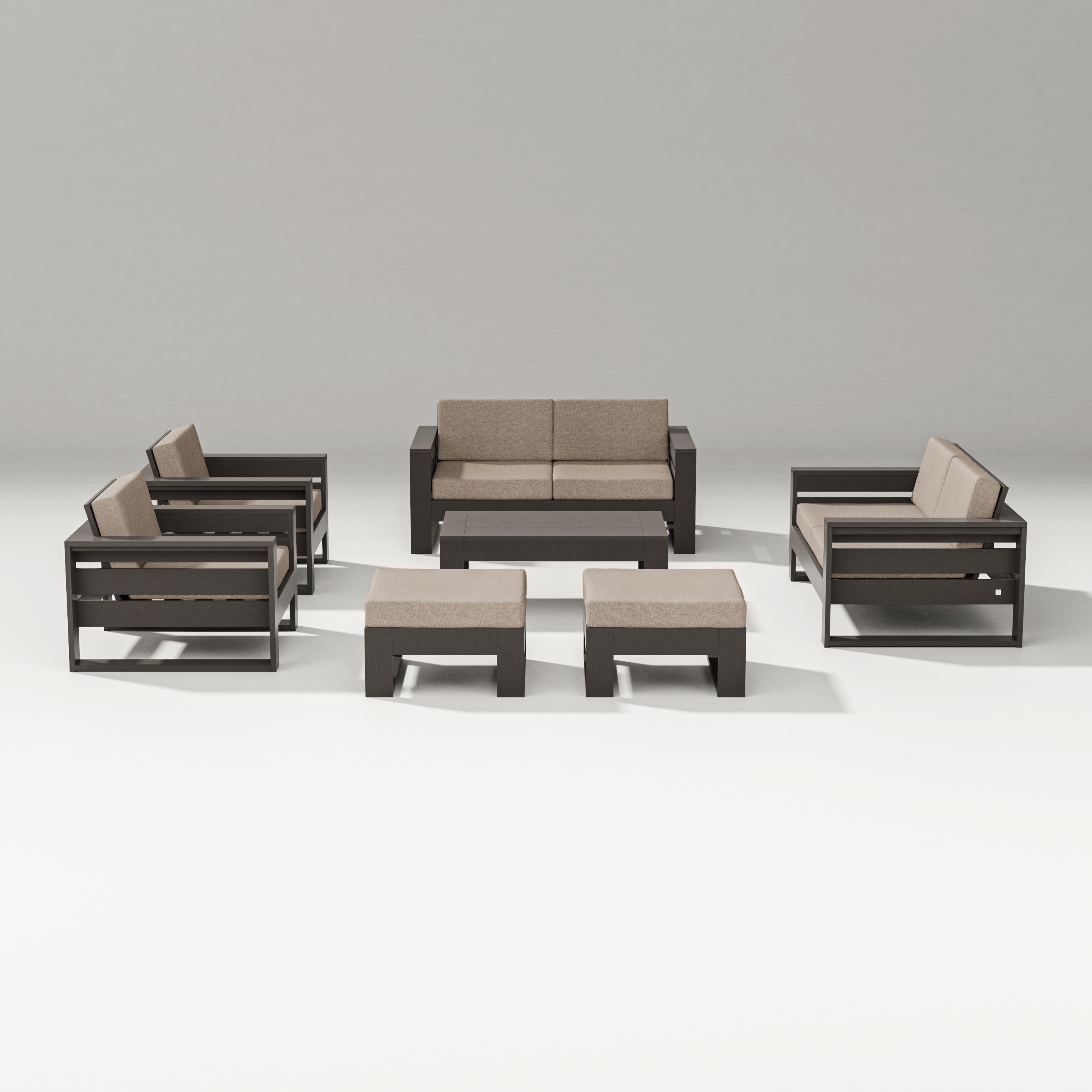 PW Designer Series Latitude 7-Piece Lounge Loveseat Set in Vintage Coffee / Spiced Burlap
