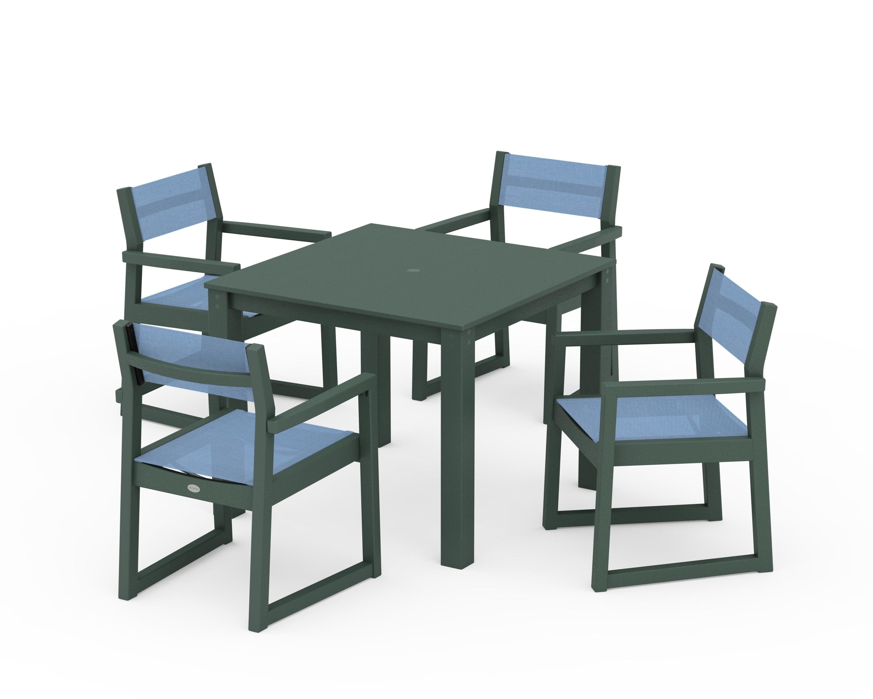 POLYWOOD EDGE Sling Arm Chair 5-Piece Parsons Dining Set in Green / Poolside Sling