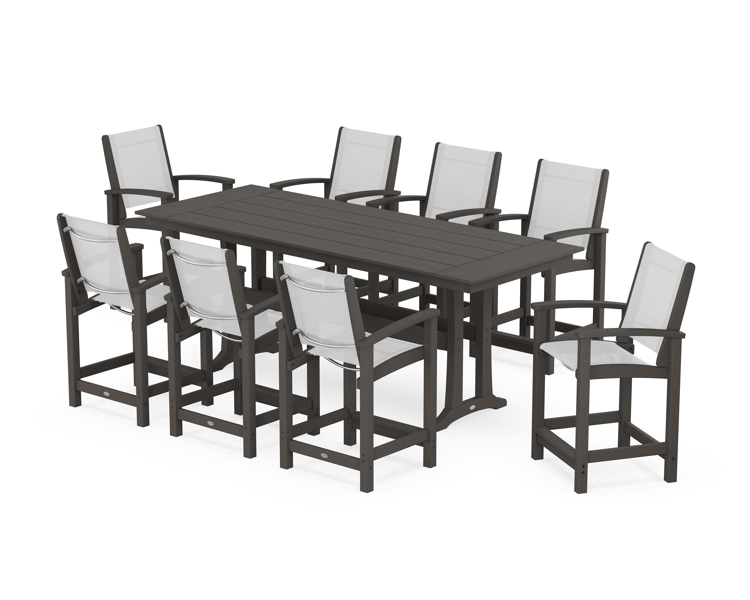 POLYWOOD Coastal 9-Piece Farmhouse Counter Set with Trestle Legs in Vintage Coffee / White Sling