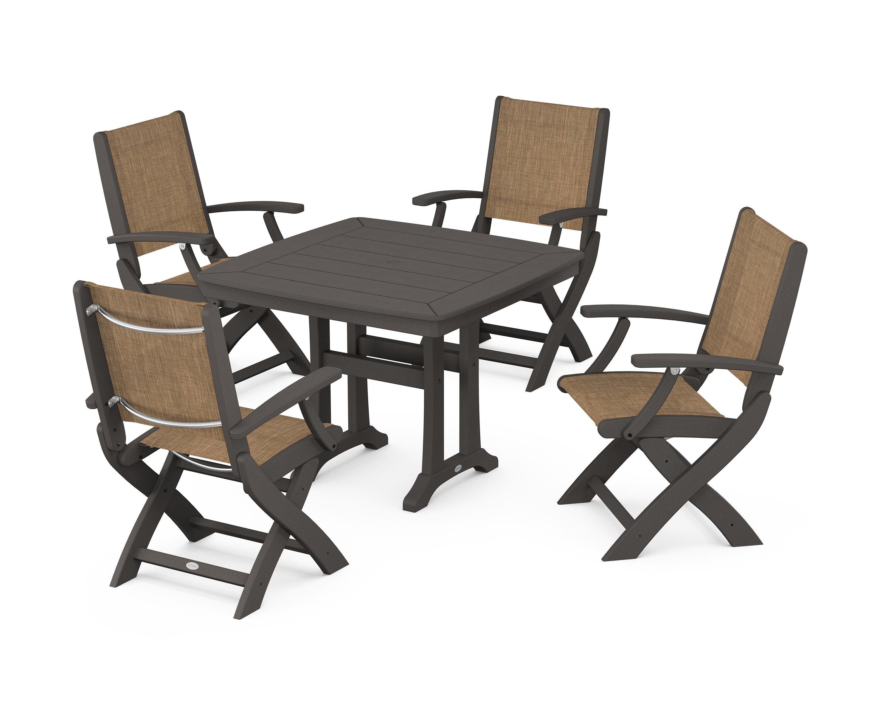 POLYWOOD Coastal Folding Chair 5-Piece Dining Set with Trestle Legs in Vintage Coffee / Burlap Sling