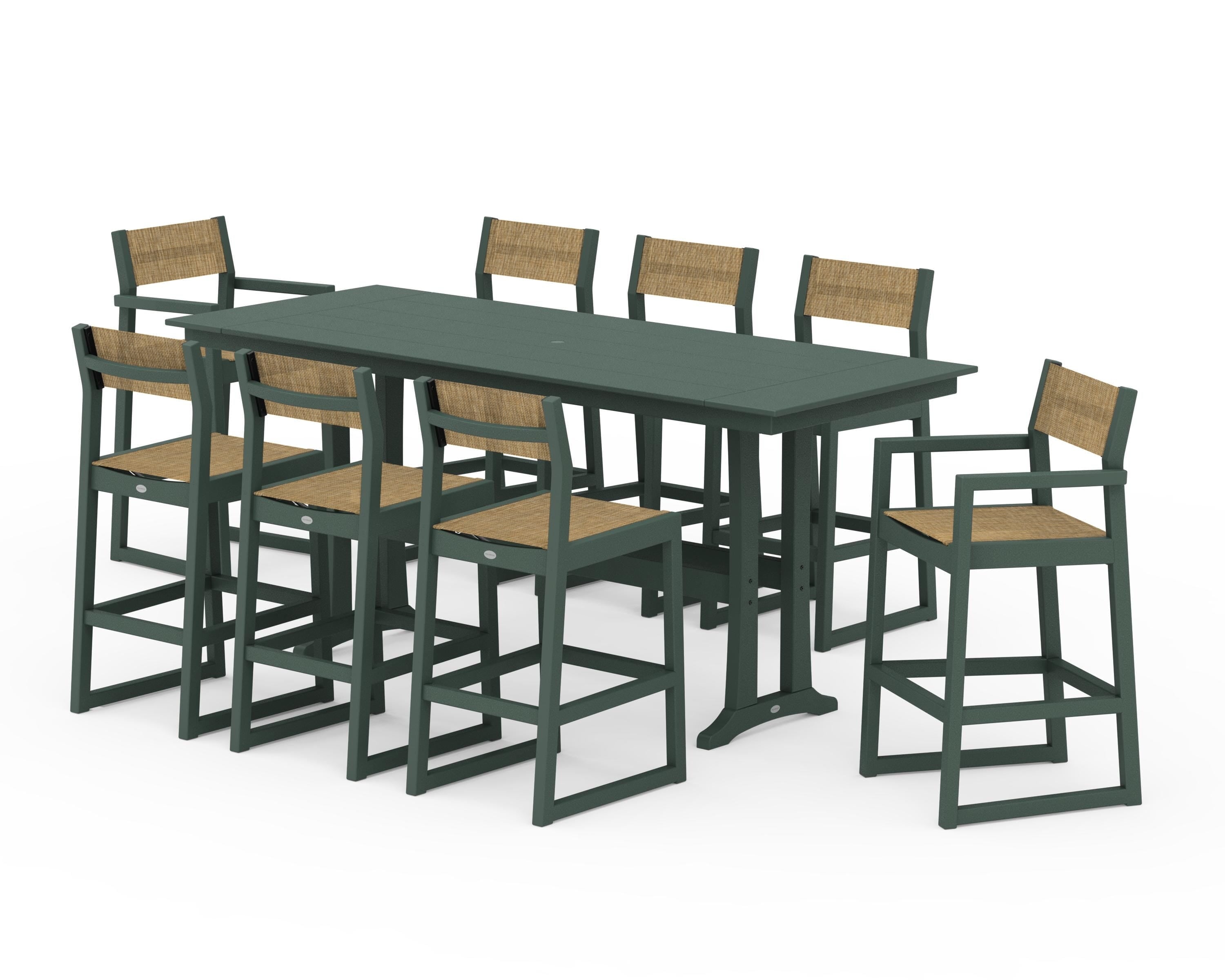 POLYWOOD EDGE Sling 9-Piece Farmhouse Bar Set with Trestle Legs in Green / Burlap Sling