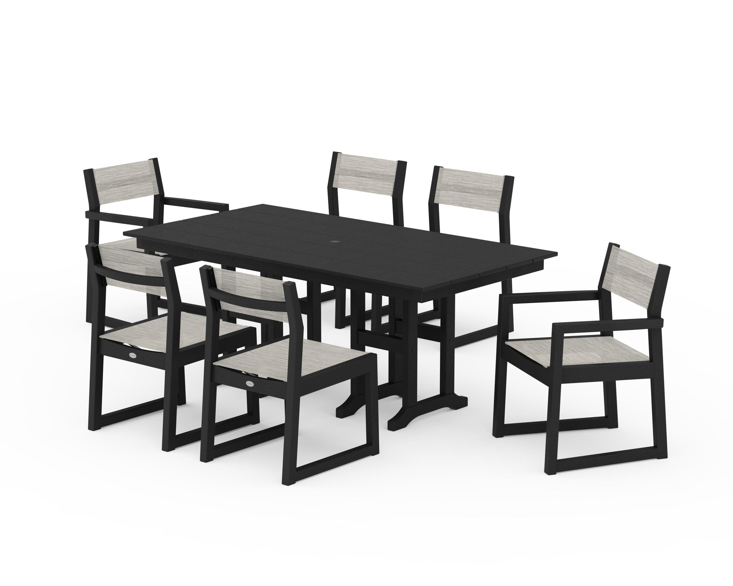 POLYWOOD EDGE Sling 7-Piece Farmhouse Dining Set in Black / Birch Sling