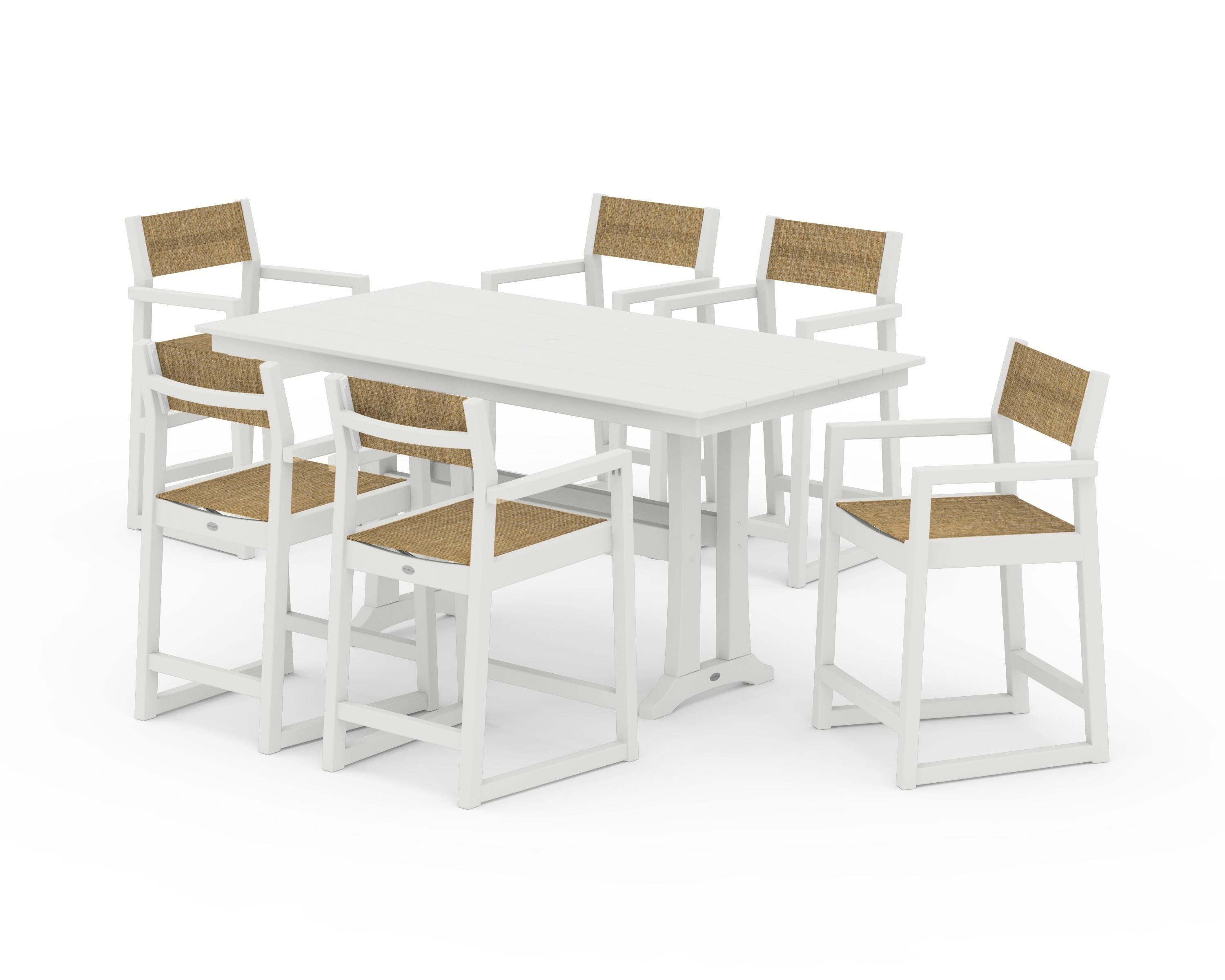 POLYWOOD EDGE Sling Arm Chair 7-Piece Farmhouse Counter Set with Trestle Legs in Vintage White / Burlap Sling