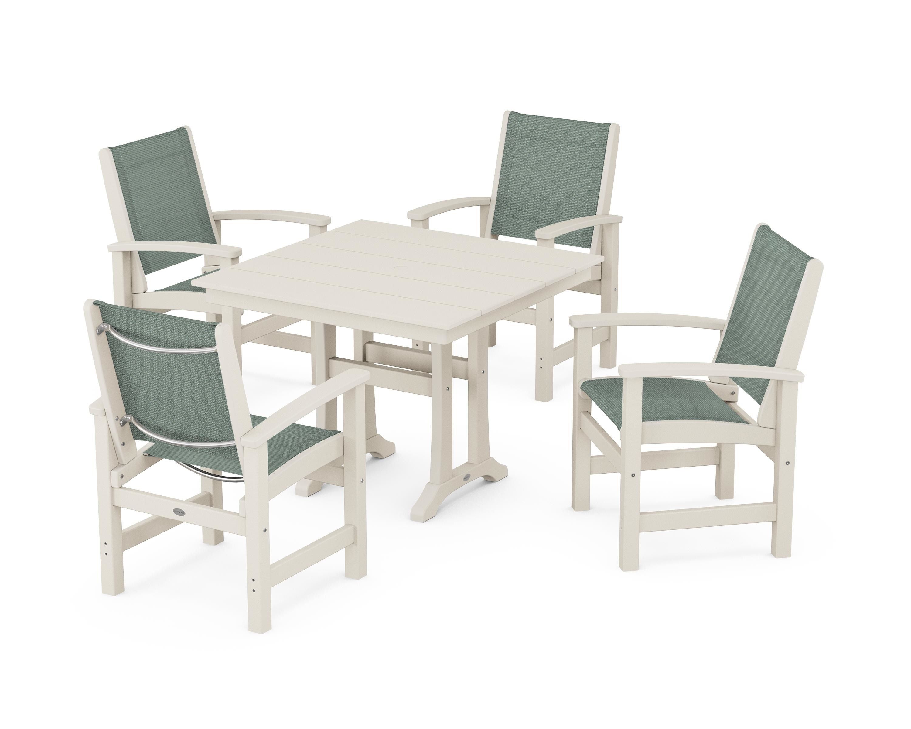 POLYWOOD Coastal 5-Piece Farmhouse Dining Set With Trestle Legs in Sand / Dupioni Sea Mist Sling