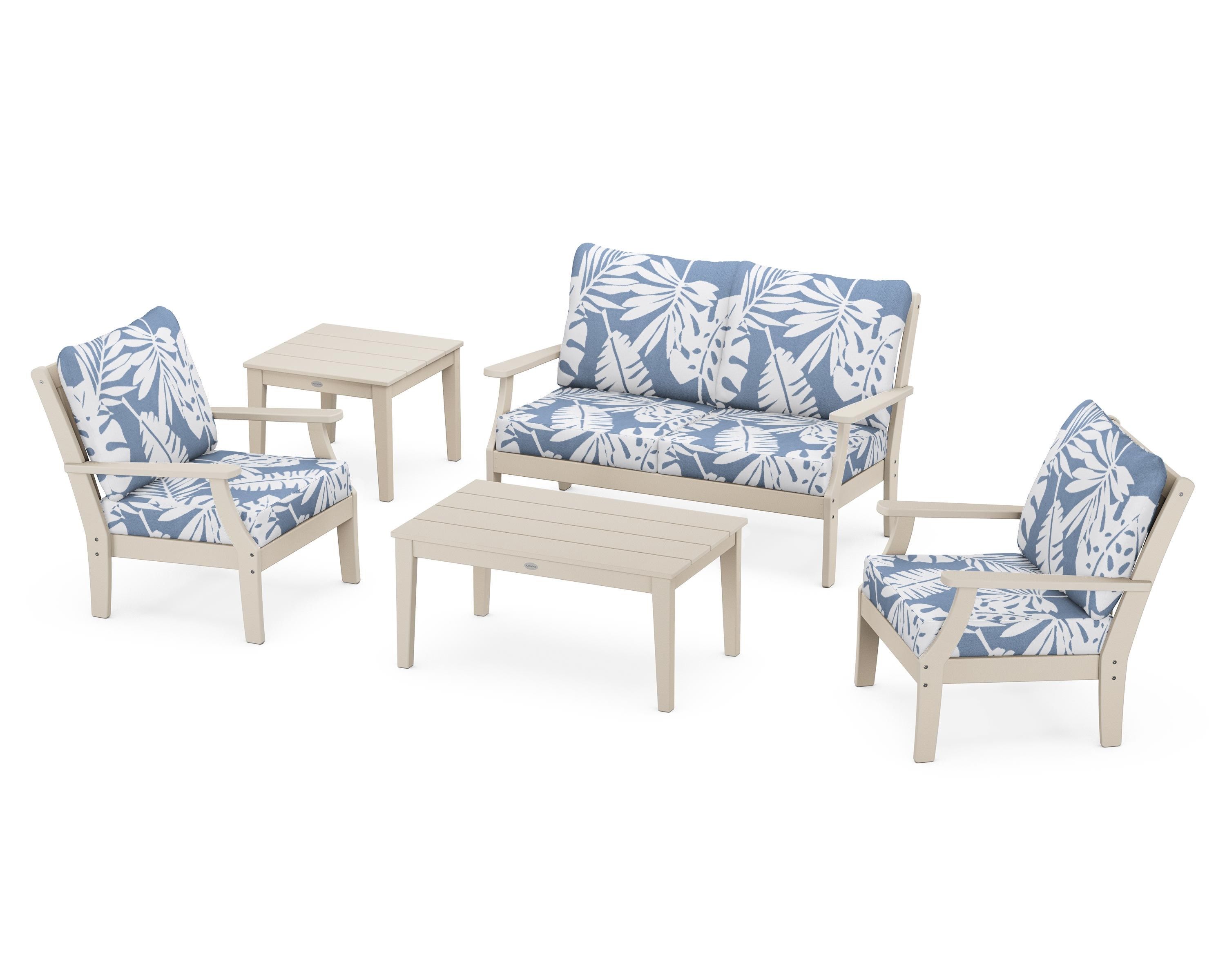 POLYWOOD Braxton 5-Piece Deep Seating Set in Sand / Leaf Sky Blue
