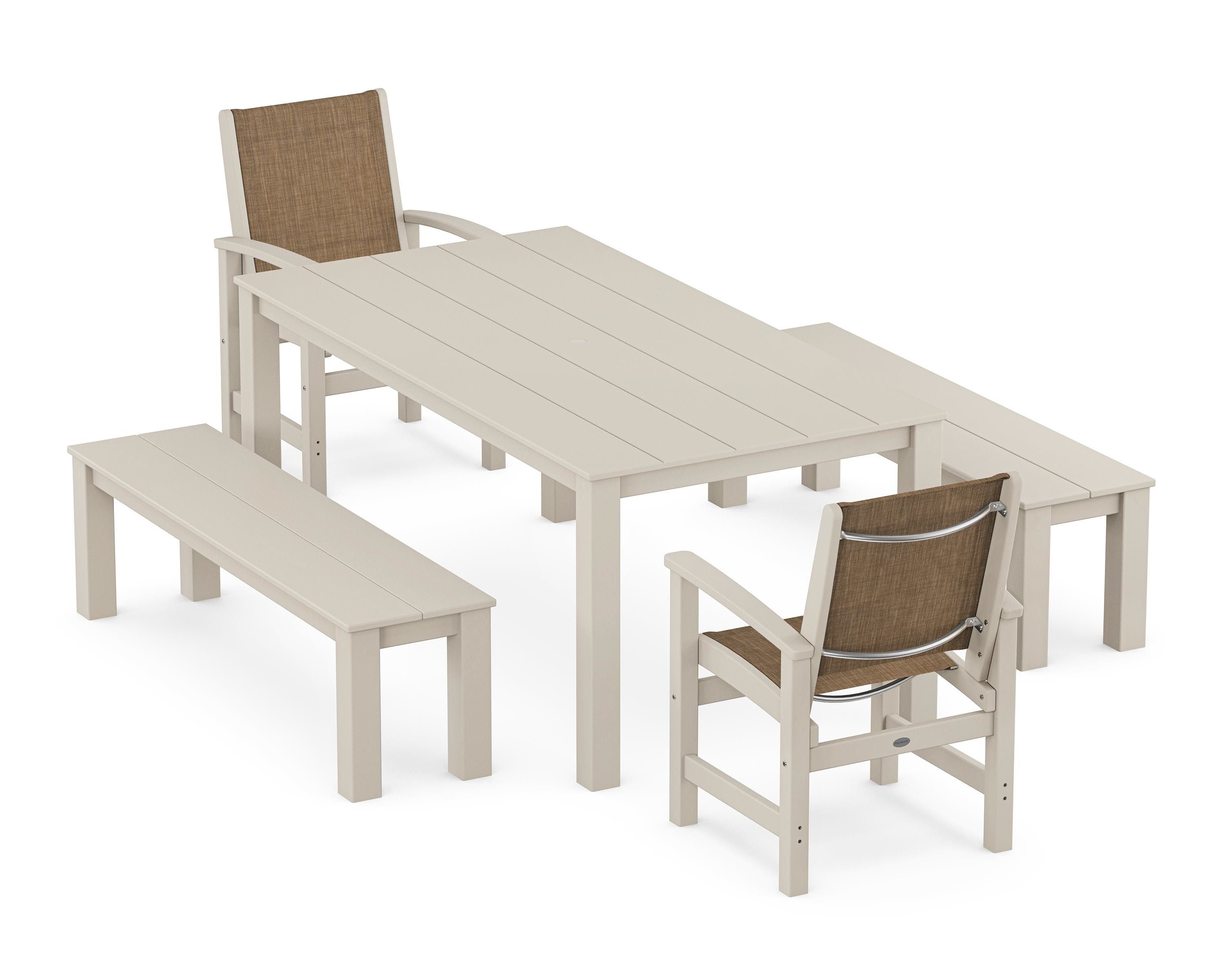 POLYWOOD Coastal 5-Piece Parsons Dining Set with Benches in Sand / Burlap Sling