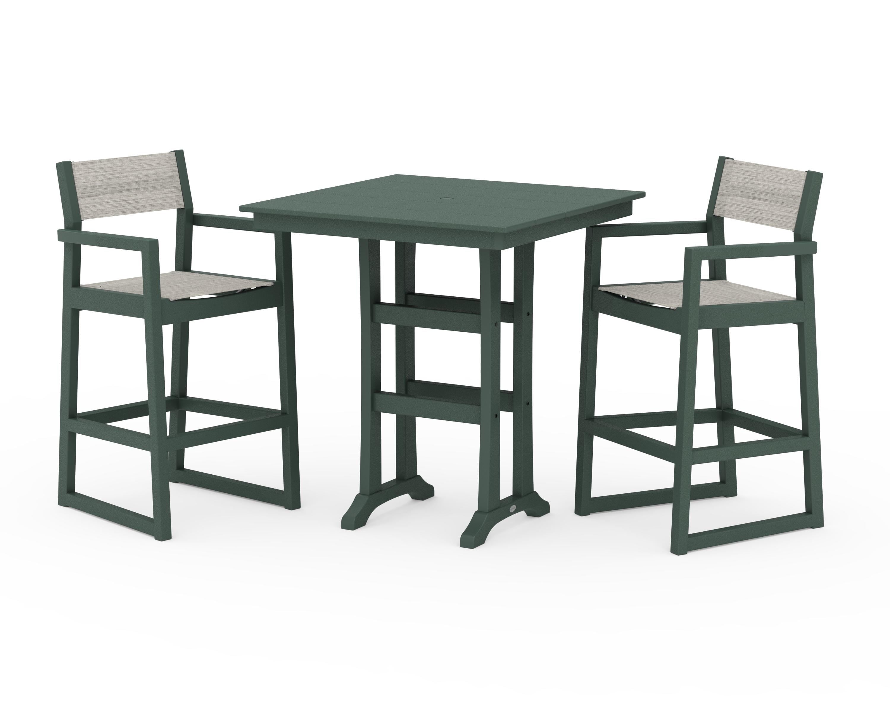 POLYWOOD EDGE Sling Arm Chair 3-Piece Farmhouse Bar Set with Trestle Legs in Green / Birch Sling