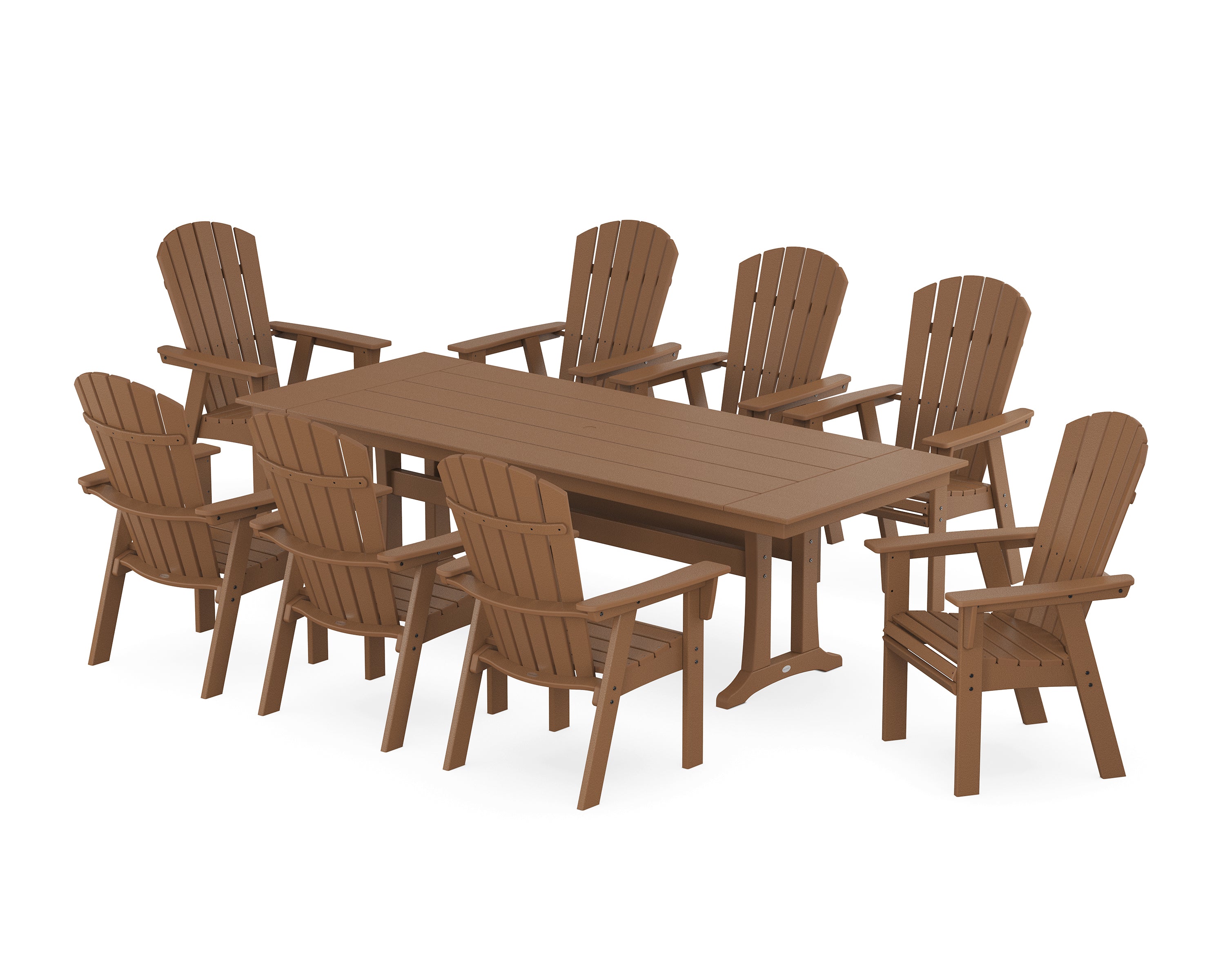 POLYWOOD® Nautical 9-Piece Curveback Adirondack Farmhouse Dining Set with Trestle Legs in Teak