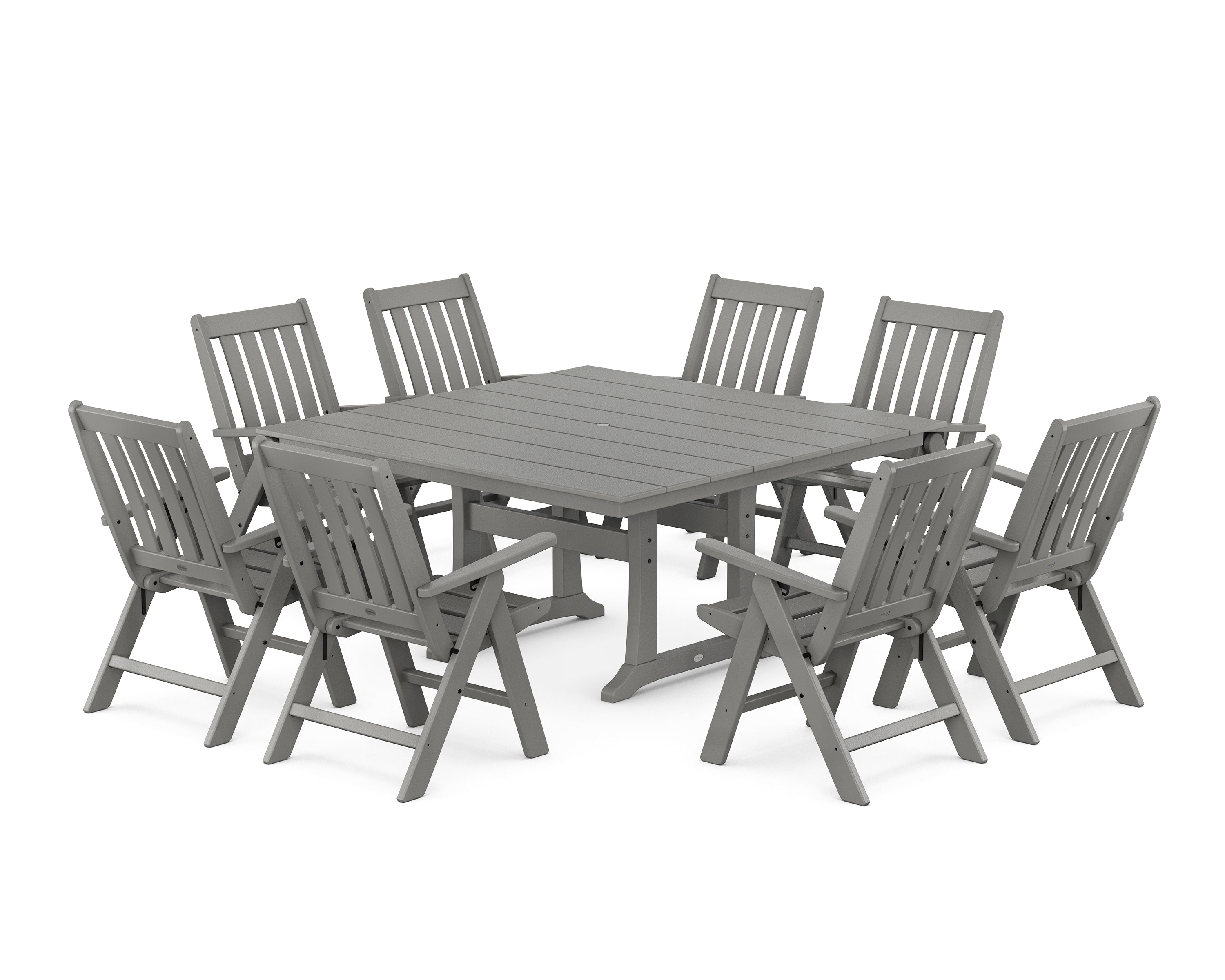 POLYWOOD Vineyard Folding Chair 9-Piece Square Farmhouse Dining Set with Trestle Legs in Slate Grey