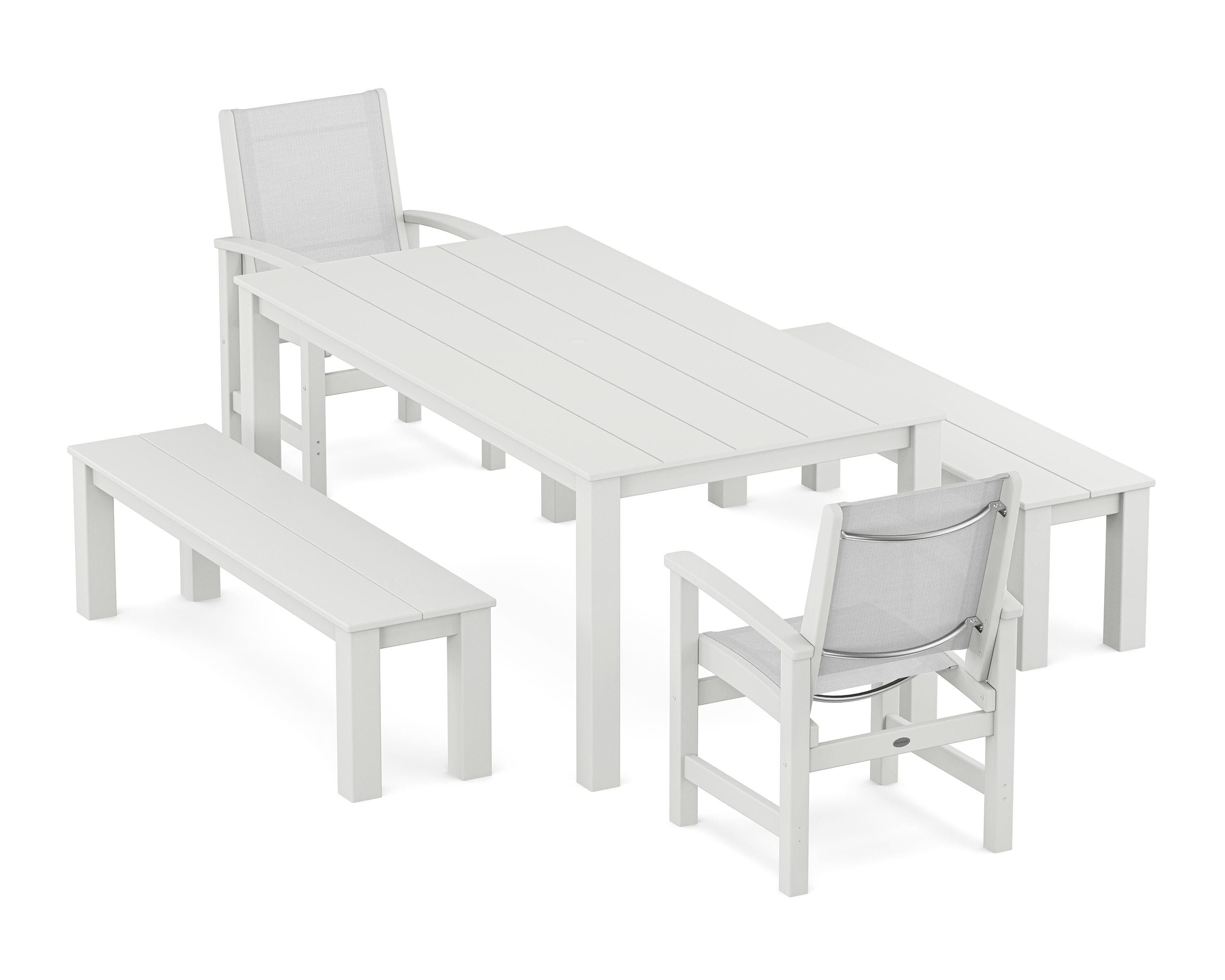 POLYWOOD Coastal 5-Piece Parsons Dining Set with Benches in White / White Sling