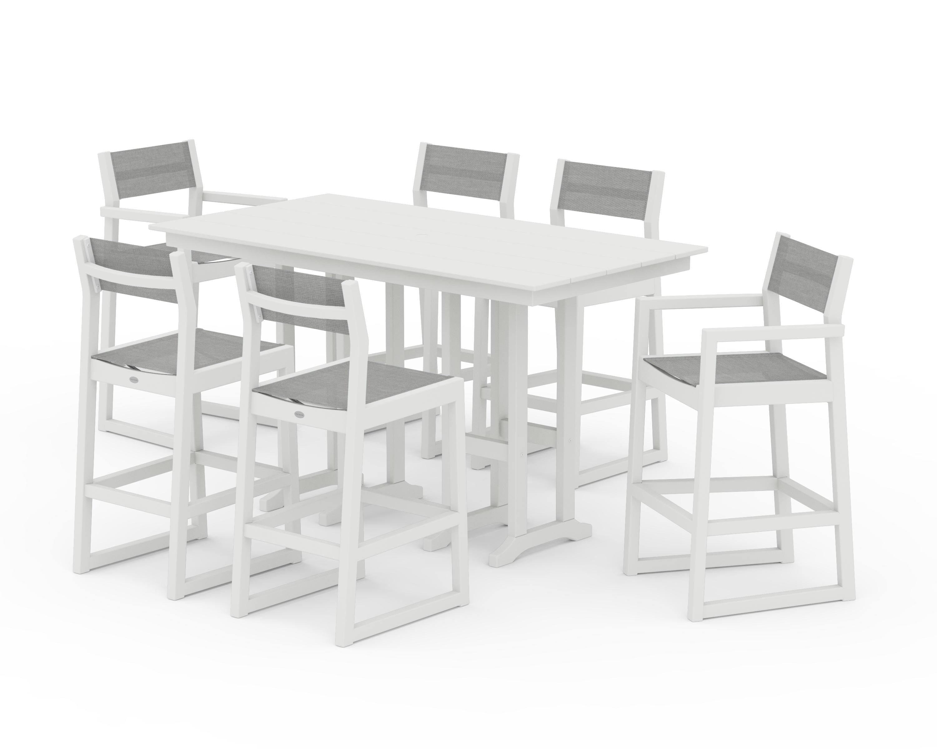 POLYWOOD EDGE Sling 7-Piece Farmhouse Bar Set in White / Metallic Sling