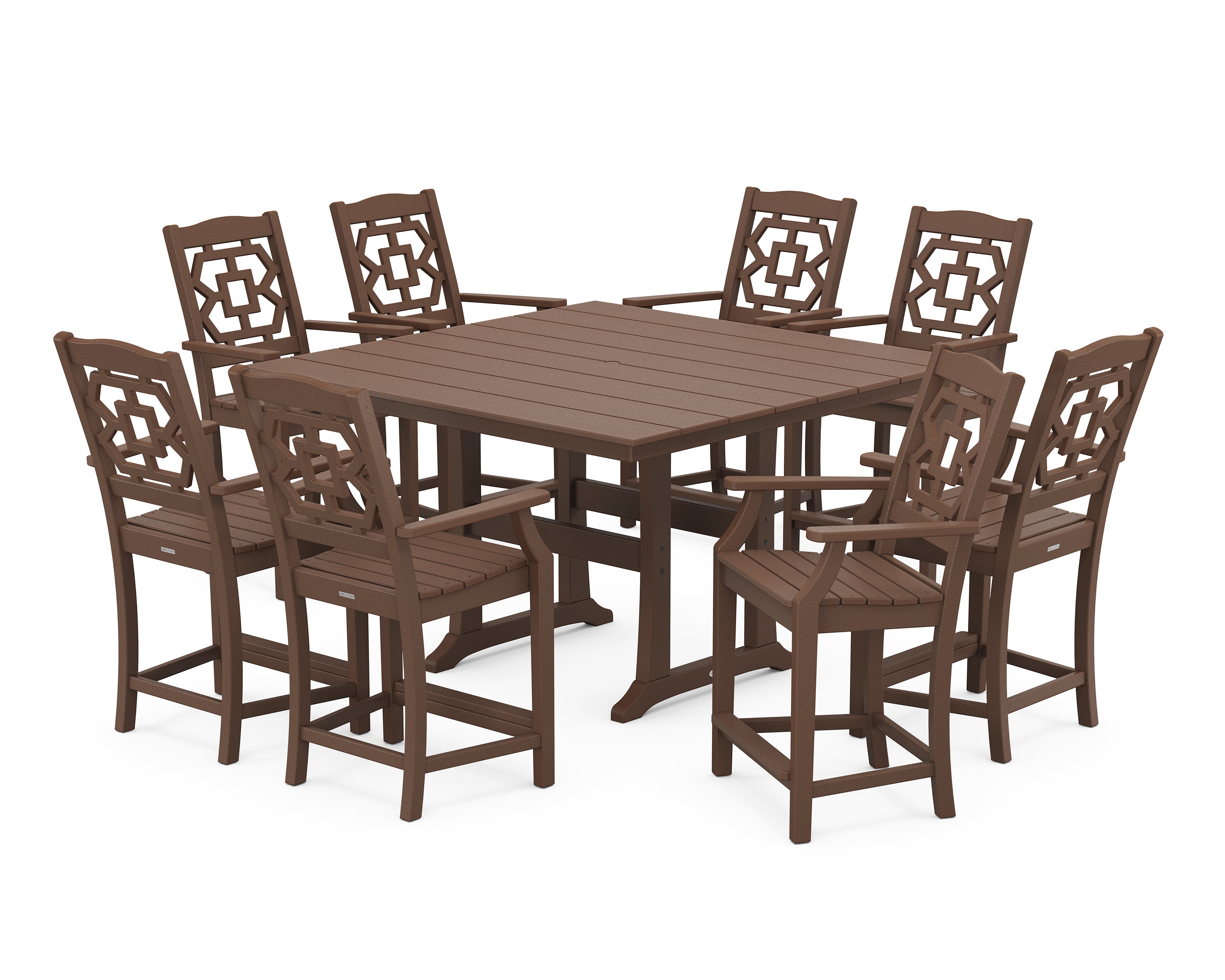 Martha Stewart by POLYWOOD® Chinoiserie 9-Piece Square Farmhouse Counter Set with Trestle Legs in Mahogany