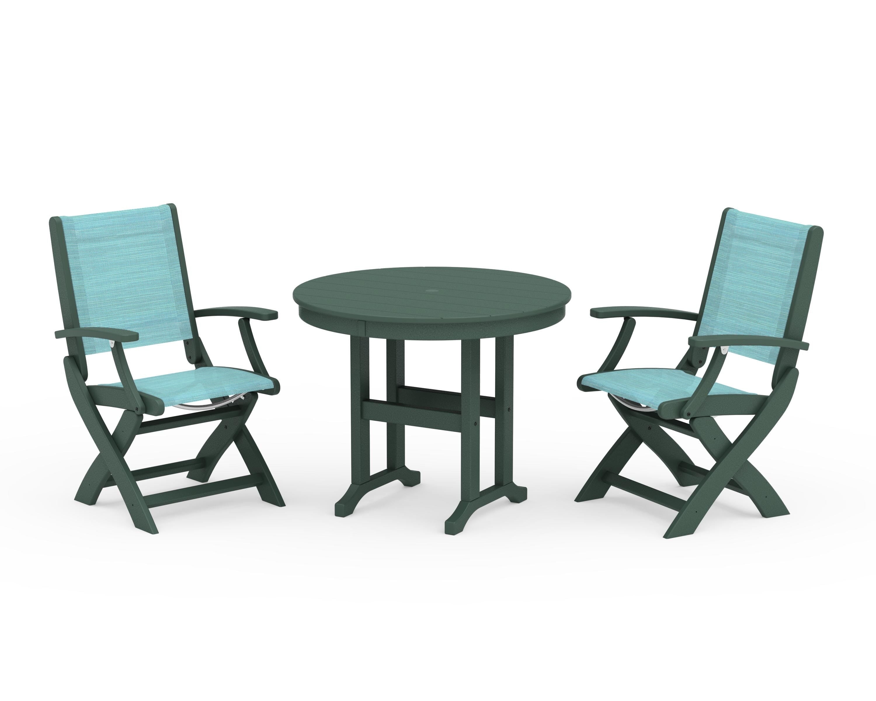 POLYWOOD Coastal Folding Chair 3-Piece Round Dining Set in Green / Dupioni Aquamarine Sling