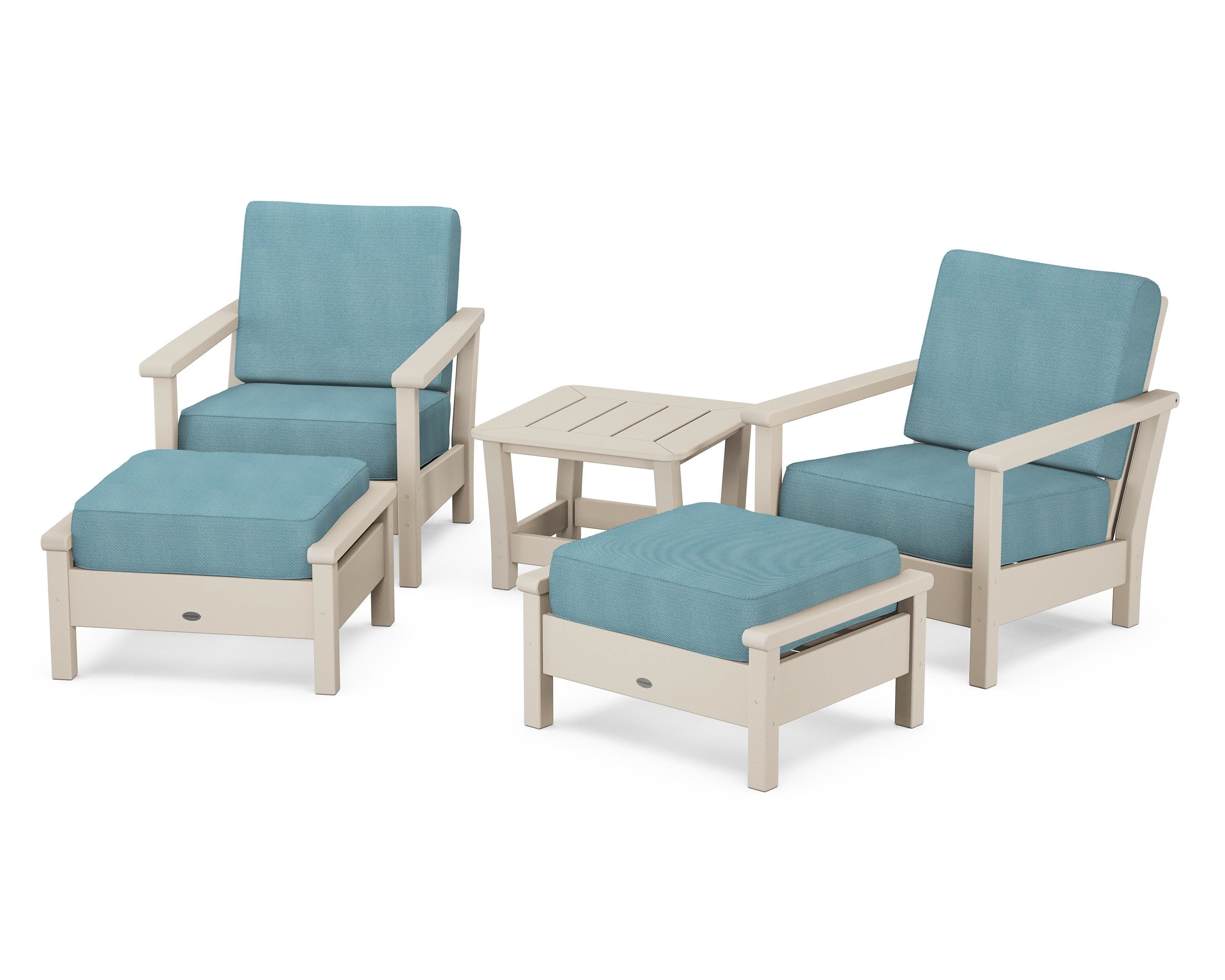 POLYWOOD Harbour 5-Piece Deep Seating Chair Set in Sand / Lattice Sky Blue