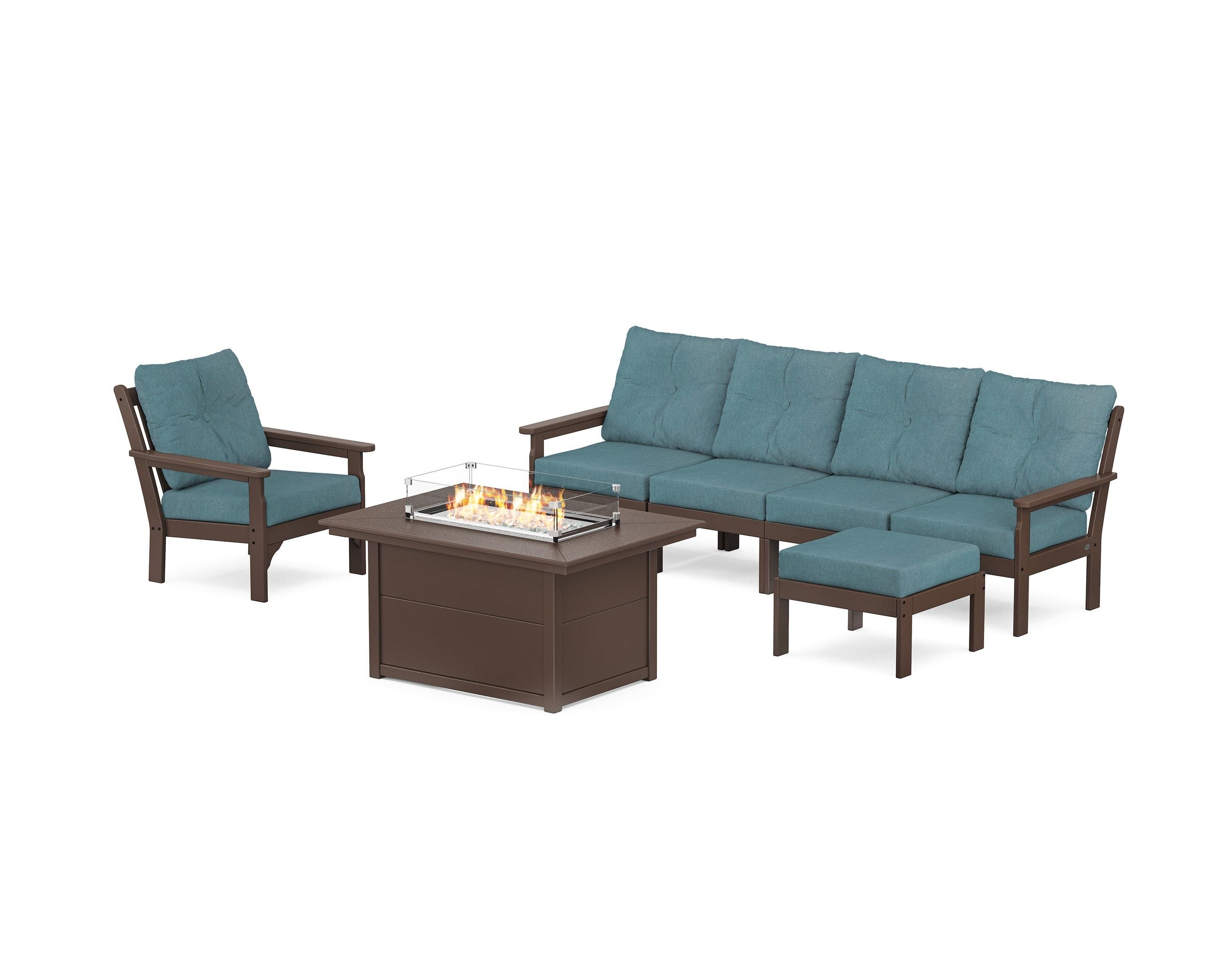 POLYWOOD Vineyard Sectional Lounge and Fire Pit Set in Mahogany / Ocean Teal