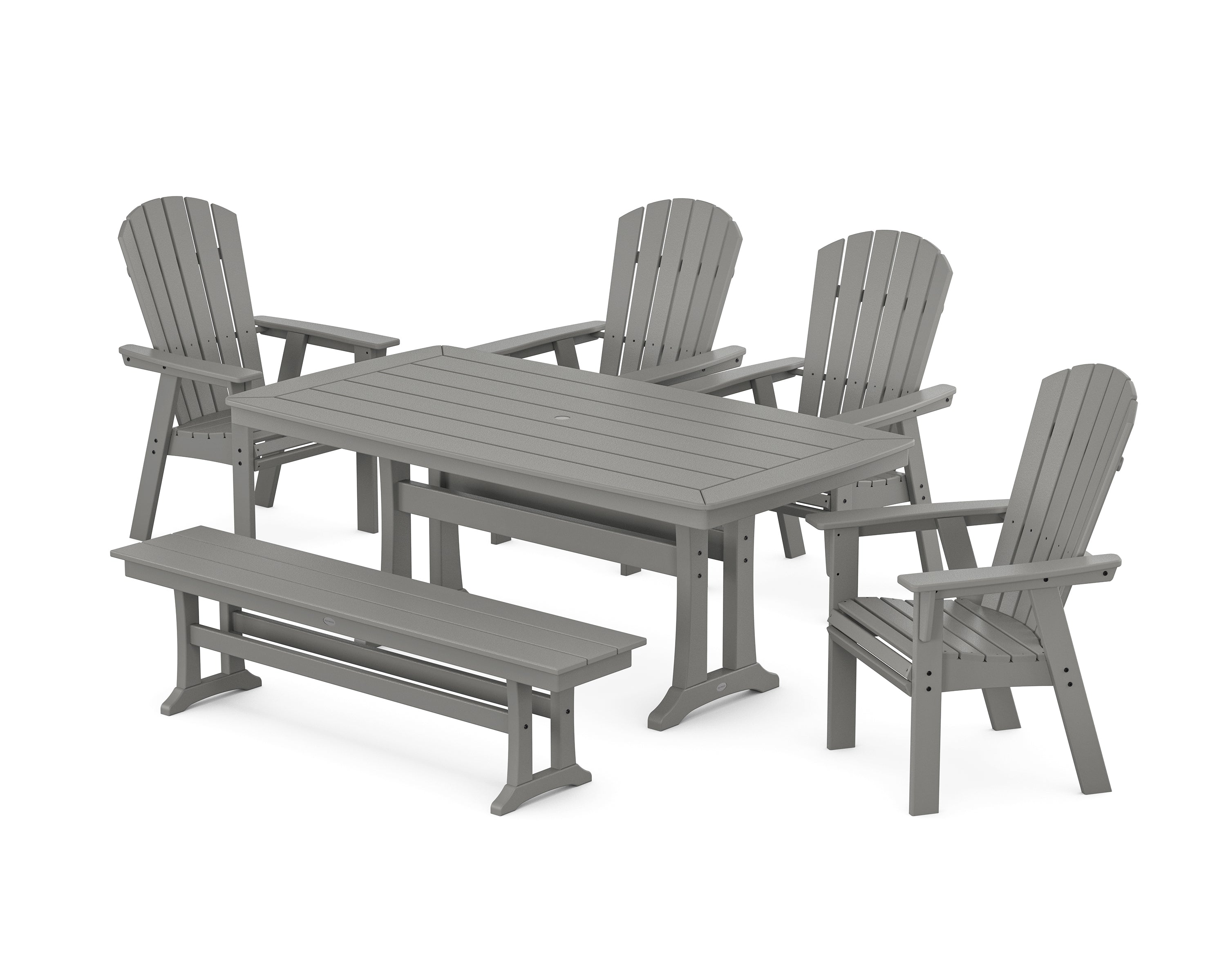 POLYWOOD Nautical Curveback Adirondack 6-Piece Dining Set with Trestle Legs and Bench in Slate Grey