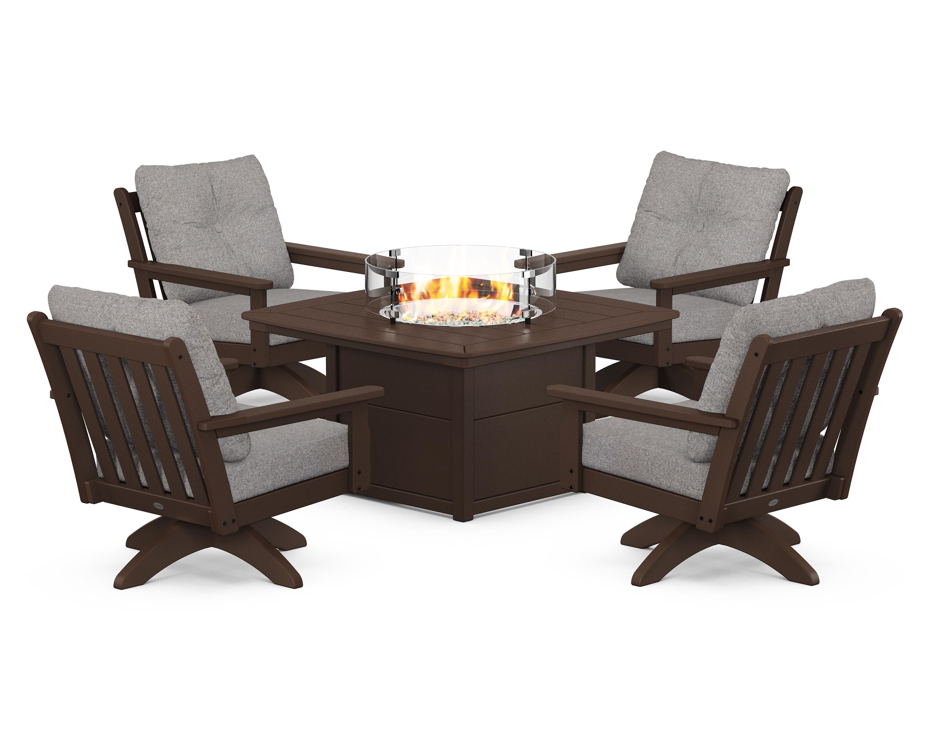 POLYWOOD Vineyard 5-Piece Deep Seating Swivel Conversation Set with Fire Pit Table in Mahogany / Grey Mist