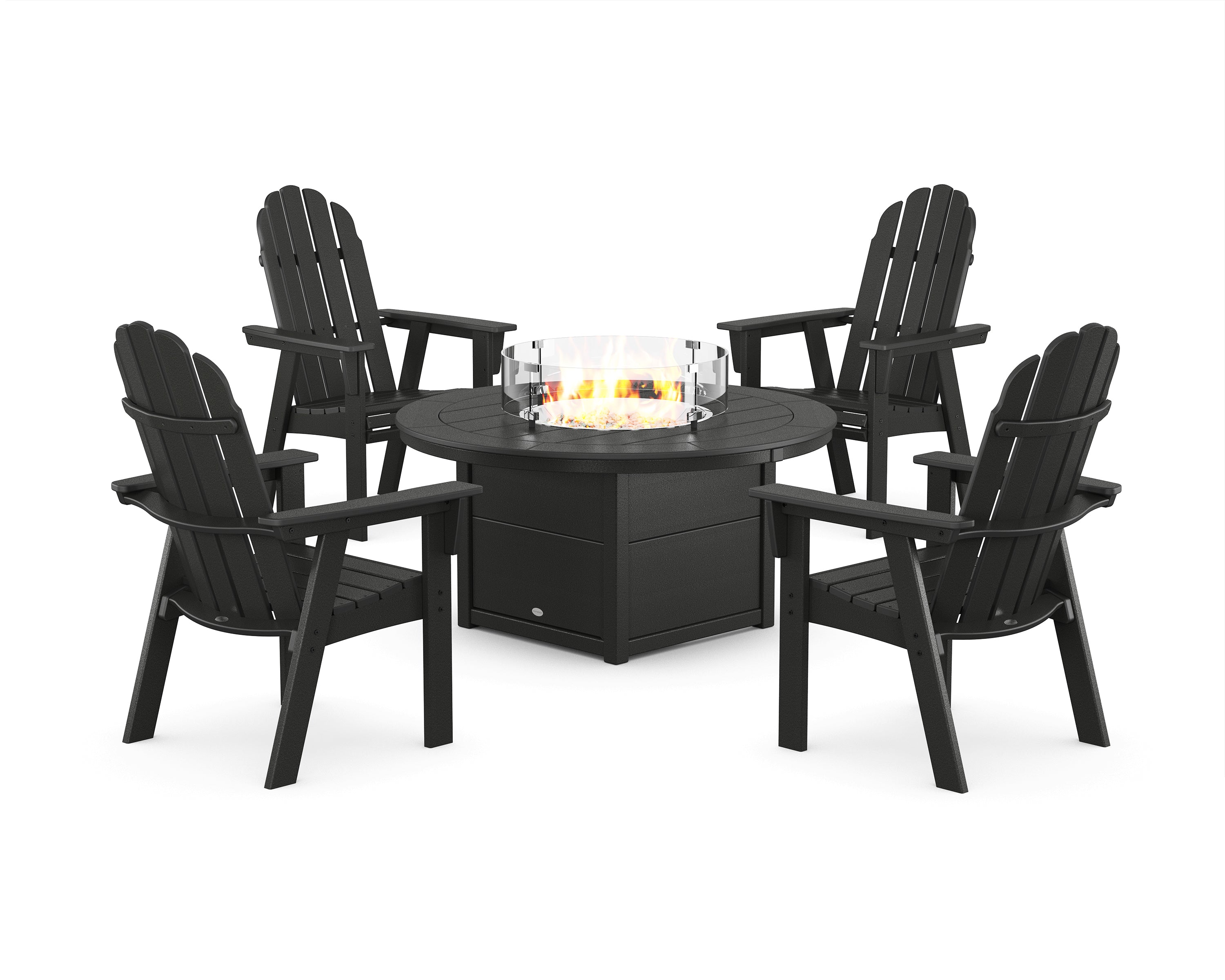 POLYWOOD Vineyard 4-Piece Curveback Upright Adirondack Conversation Set with Fire Pit Table in Black