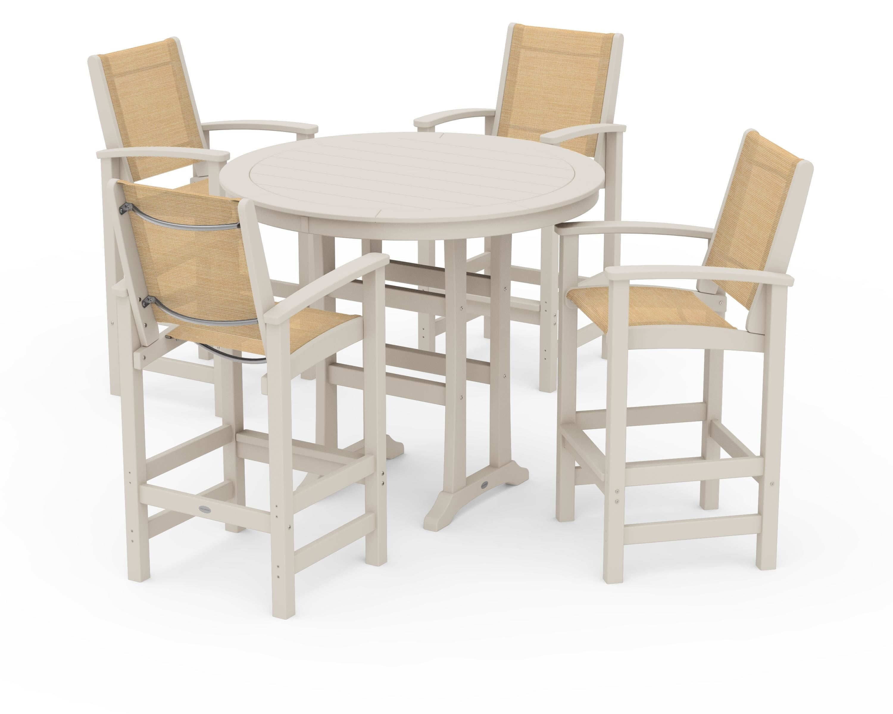 POLYWOOD Coastal 5-Piece Nautical Trestle Bar Set in Sand / Dupioni Apricot Sling