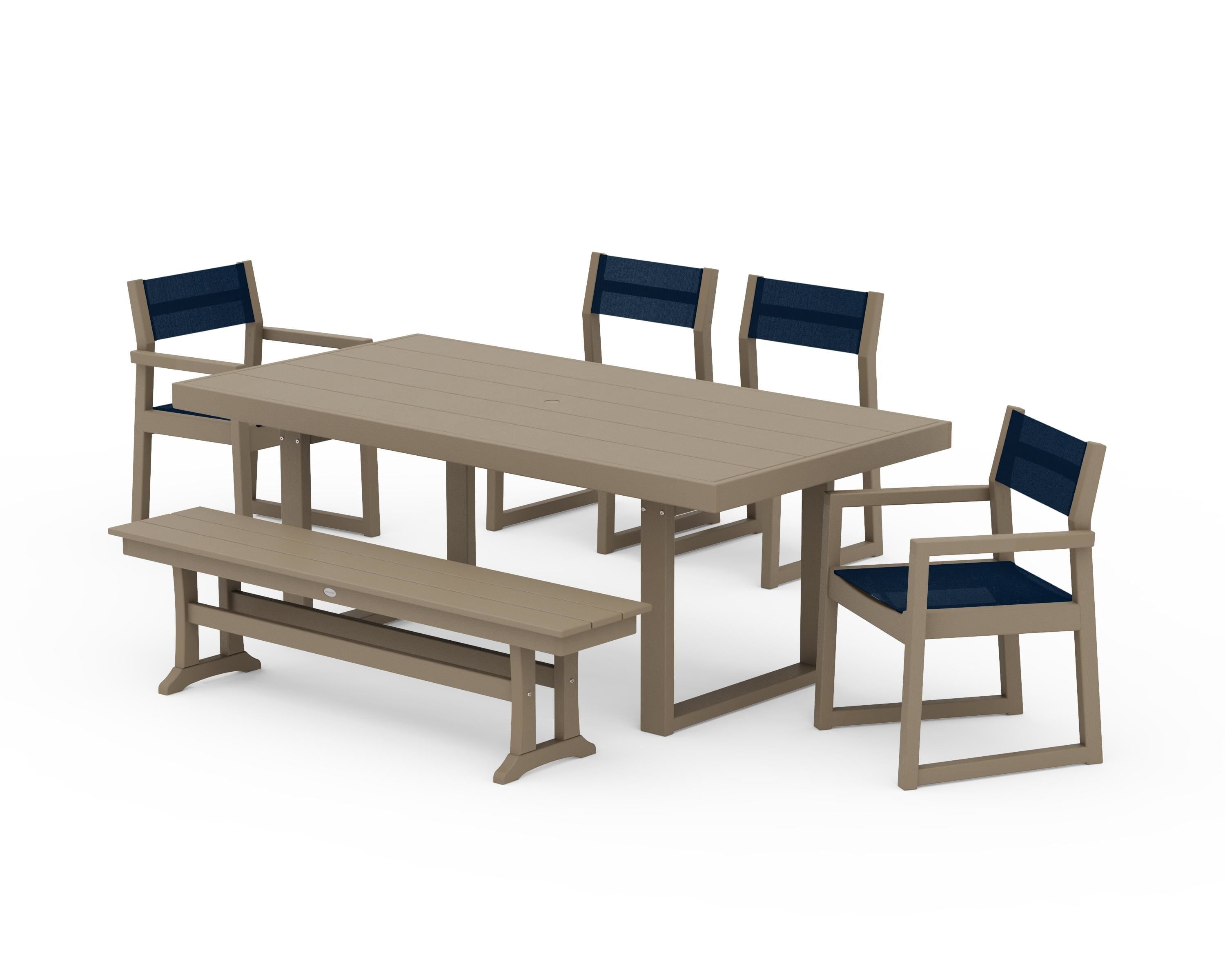 POLYWOOD EDGE Sling 6-Piece Dining Set with Bench in Vintage Sahara / Navy Blue Sling