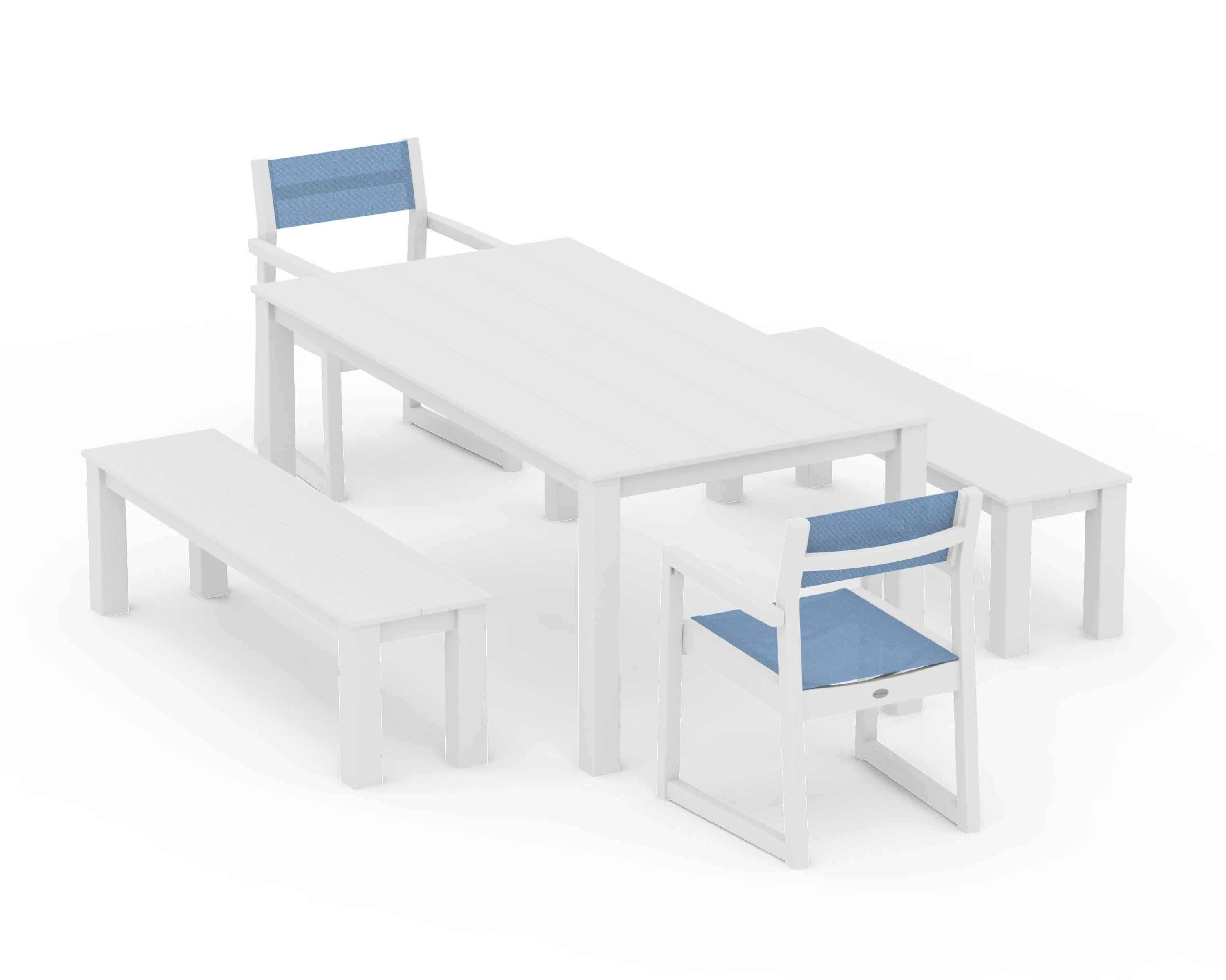 POLYWOOD EDGE Sling Arm Chair 5-Piece Parsons Dining Set with Benches in Vintage White / Poolside Sling