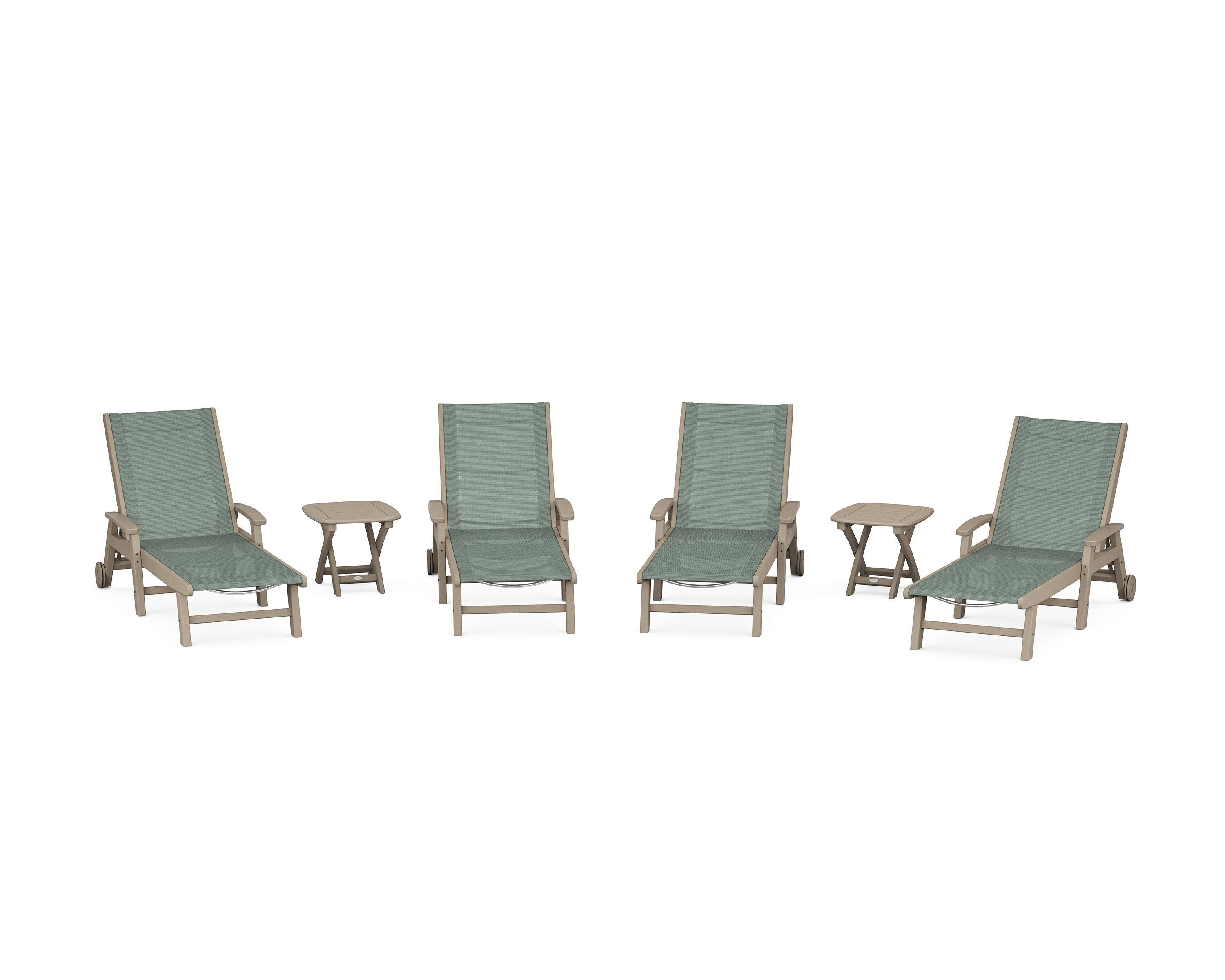 POLYWOOD Coastal Chaise 6-Piece Set with Wheels in Vintage Sahara / Dupioni Sea Mist Sling