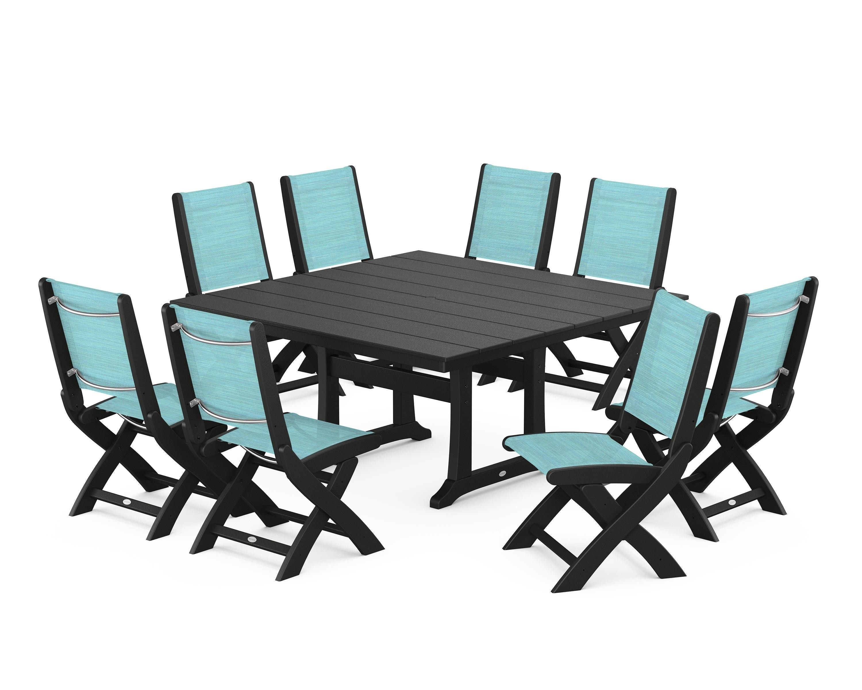 POLYWOOD Coastal Folding Side Chair 9-Piece Farmhouse Dining Set in Black / Dupioni Aquamarine Sling