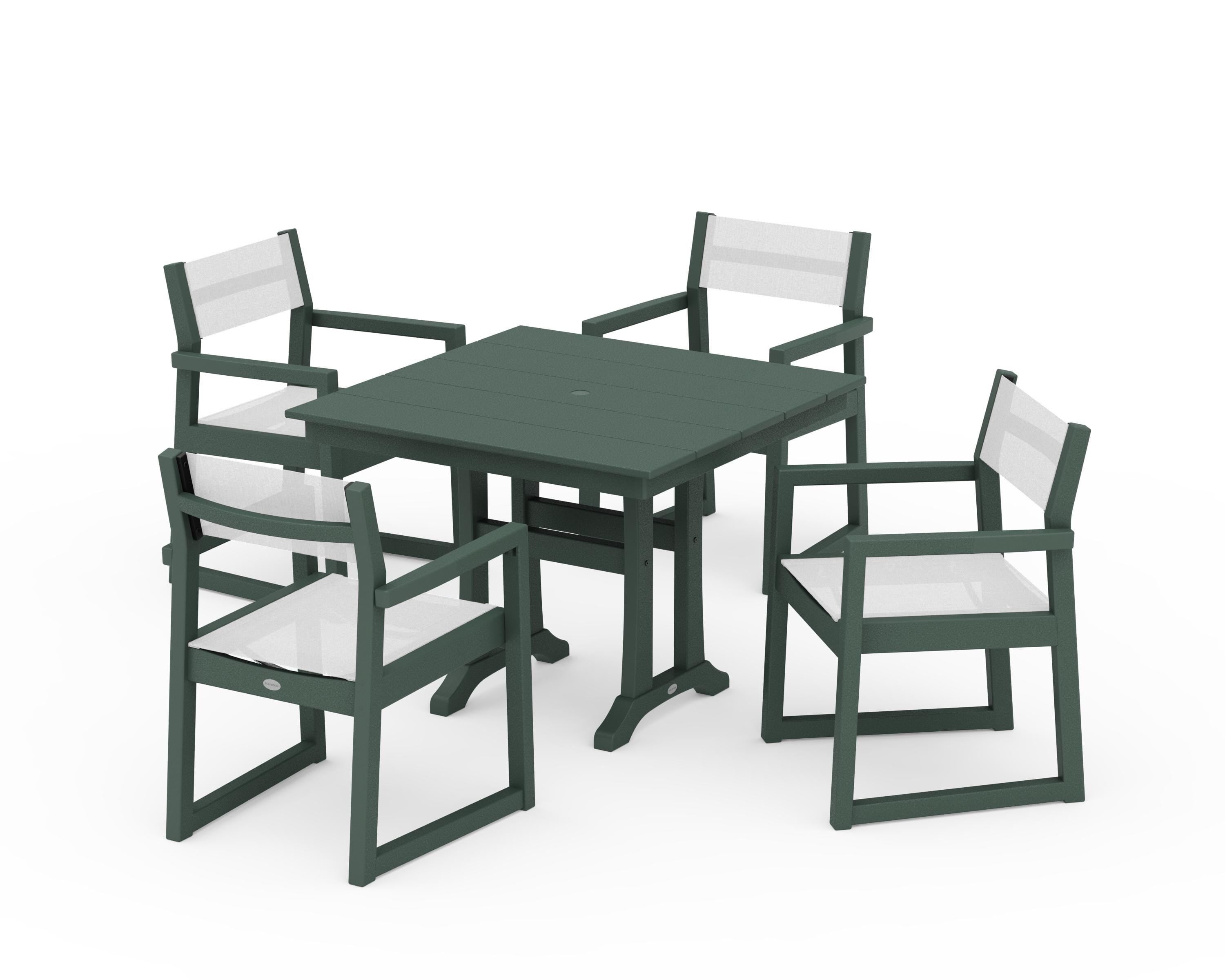 POLYWOOD EDGE Sling 5-Piece Farmhouse Dining Set with Trestle Legs in Green / White Sling